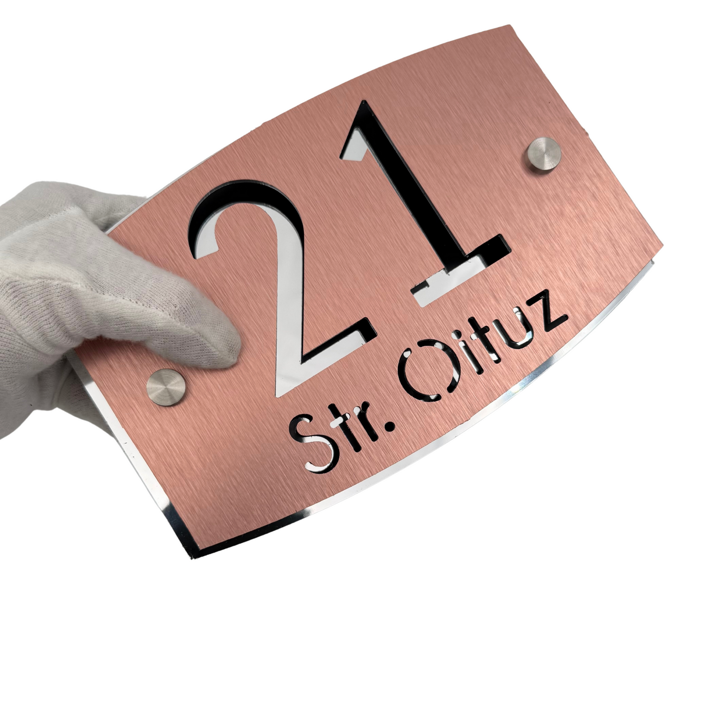 PREMIUM HOUSE NUMBER - Aluminium Pearly Copper Aluminium Silver Mirror 2 Spacers Silver - 20×13 cm