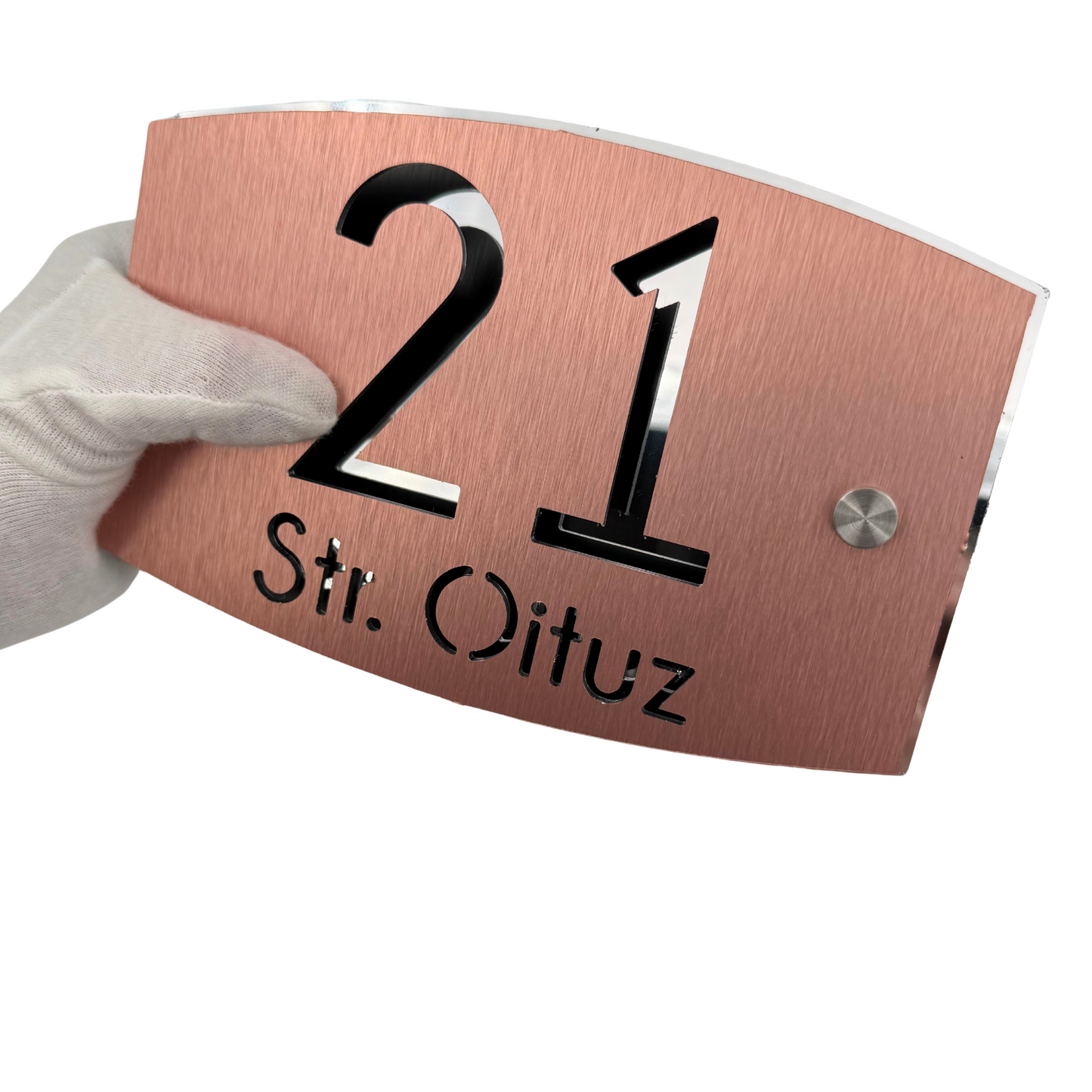 PREMIUM HOUSE NUMBER - Aluminium Pearly Copper Aluminium Silver Mirror 2 Spacers Silver - 20×13 cm