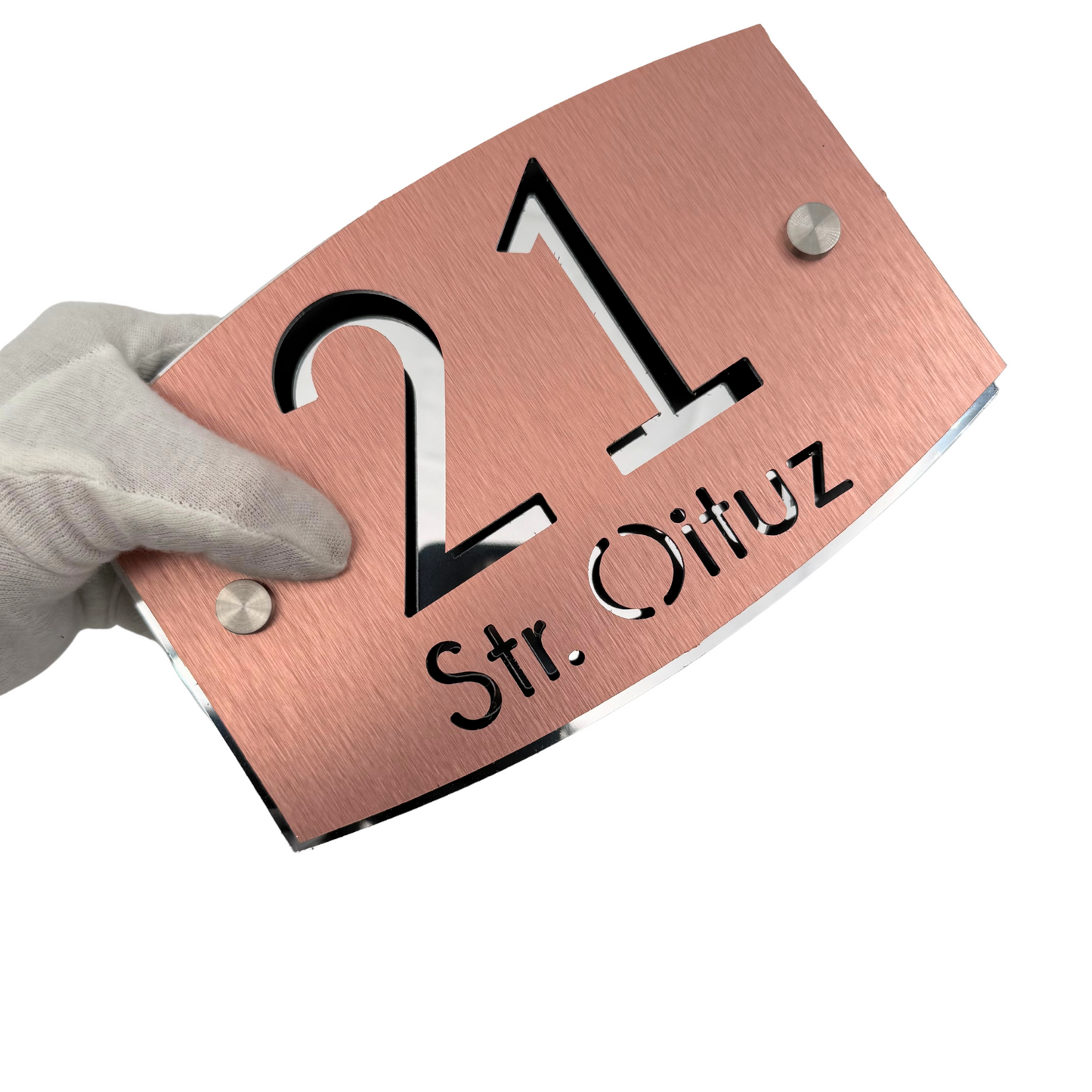PREMIUM HOUSE NUMBER - Aluminium Pearly Copper Aluminium Silver Mirror 2 Spacers Silver - 20×13 cm