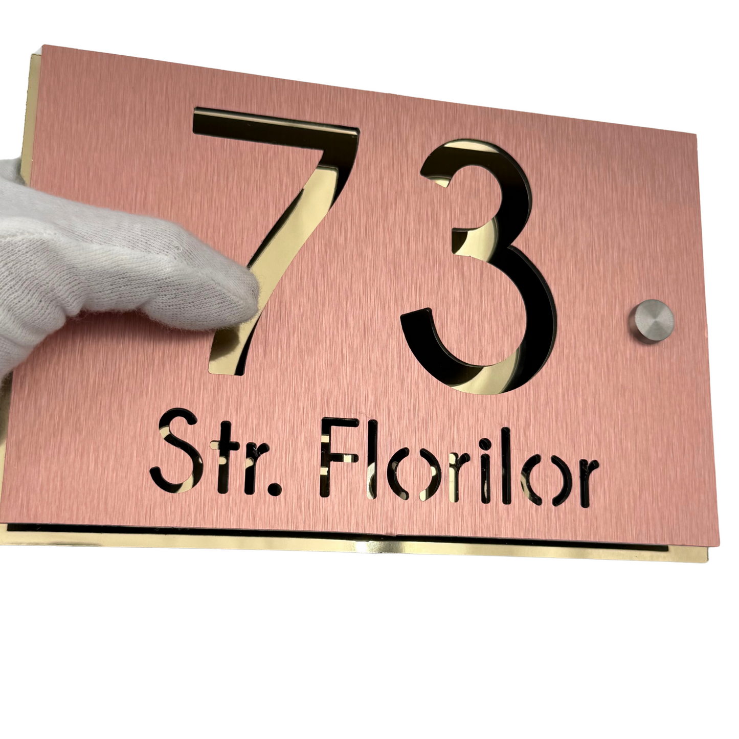 PREMIUM HOUSE NUMBER - Aluminium Pearly Copper Aluminium Gold Mirror 2 Spacers Silver - 20×13 cm