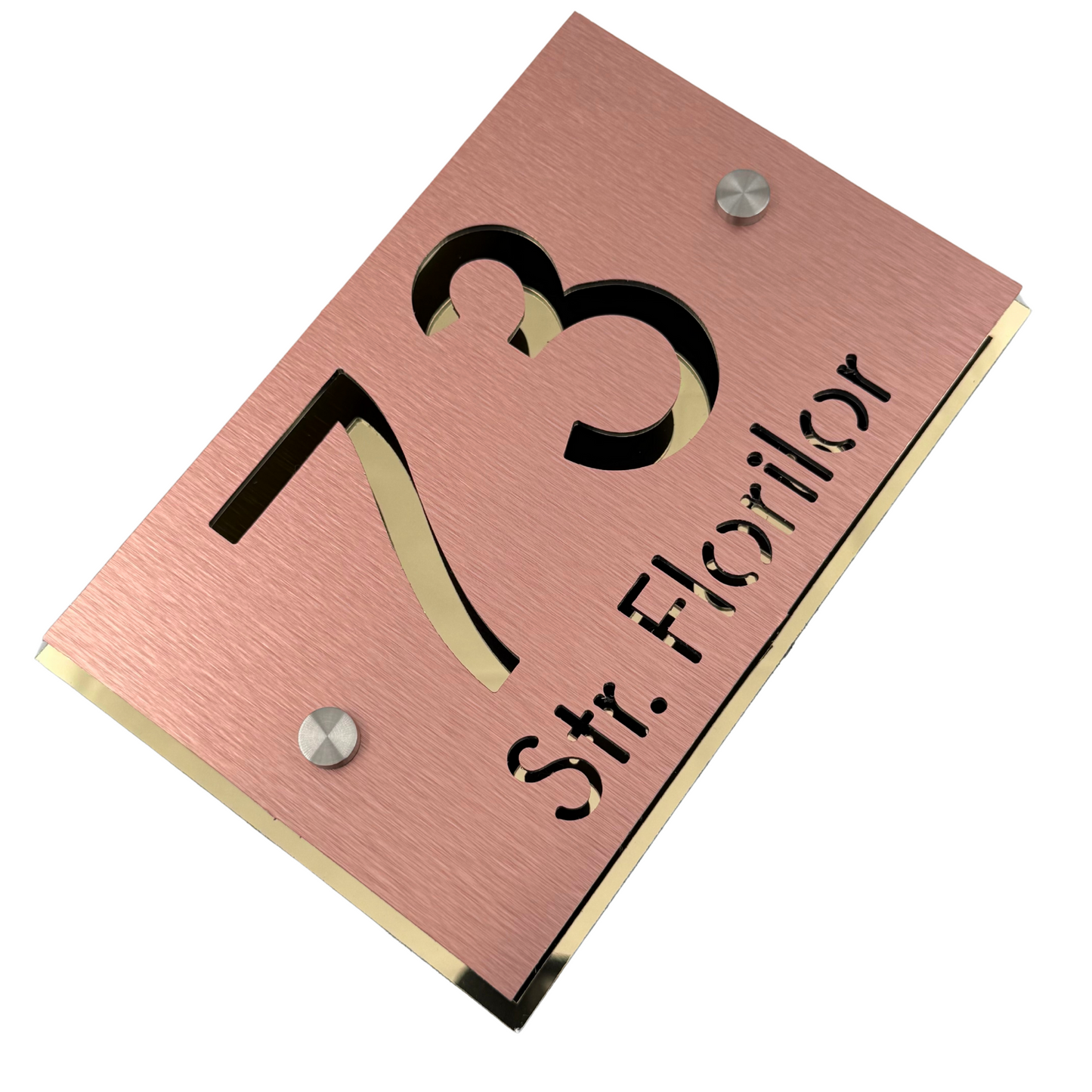 PREMIUM HOUSE NUMBER - Aluminium Pearly Copper Aluminium Gold Mirror 2 Spacers Silver - 20×13 cm