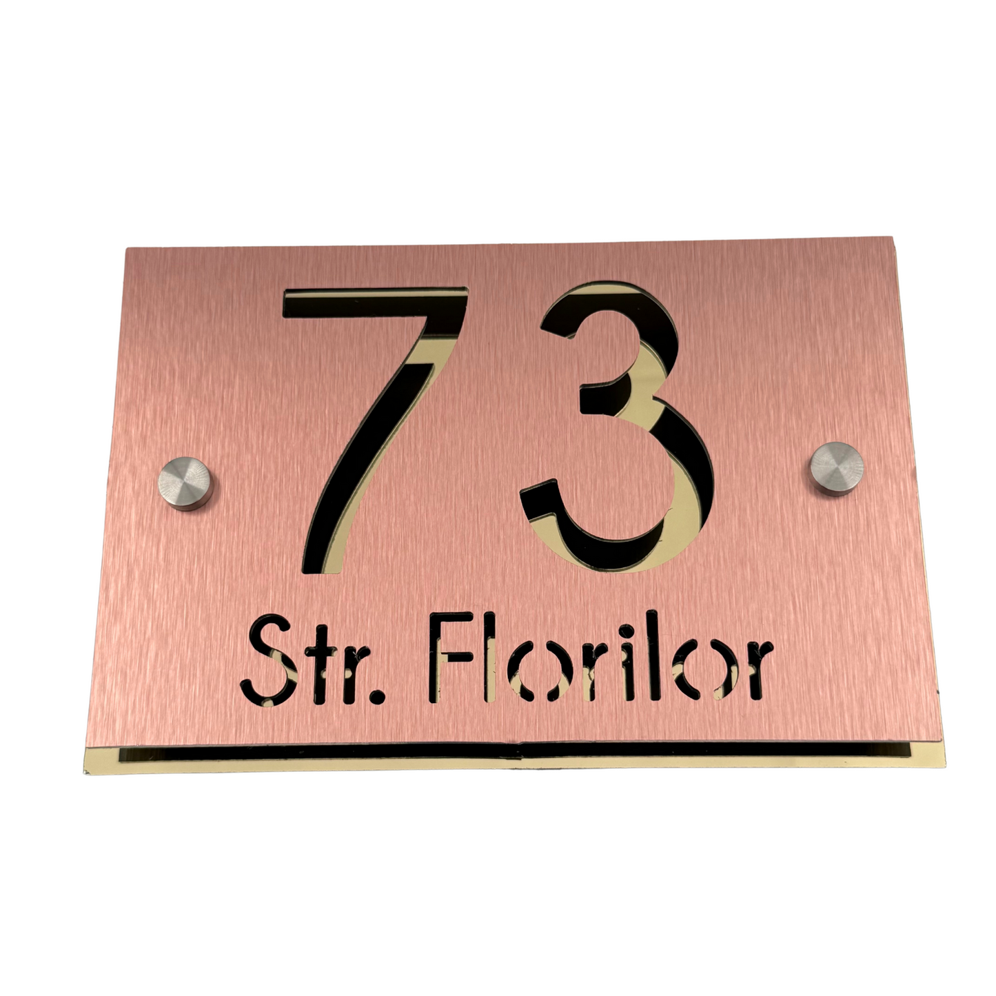 PREMIUM HOUSE NUMBER - Aluminium Pearly Copper Aluminium Gold Mirror 2 Spacers Silver - 20×13 cm