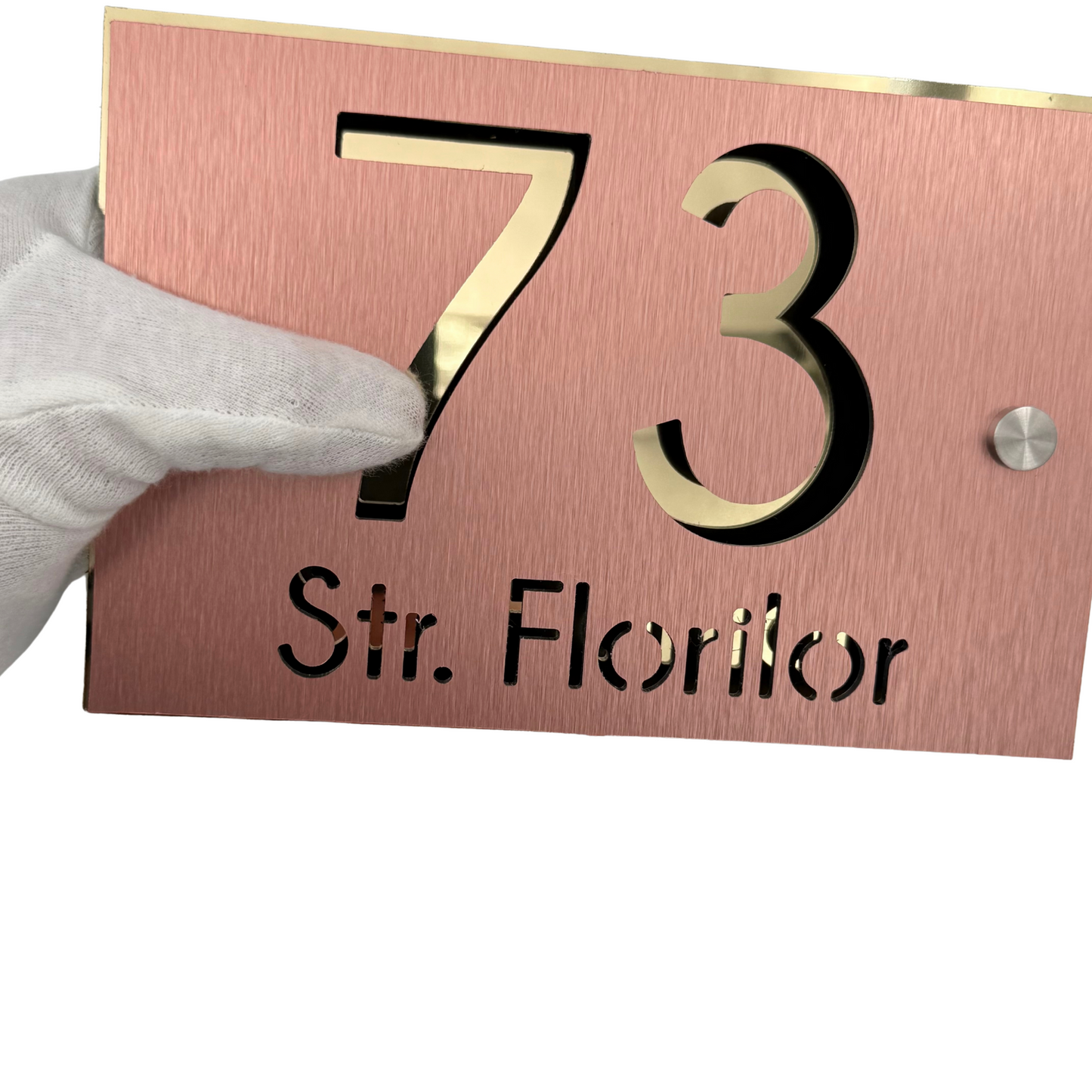 PREMIUM HOUSE NUMBER - Aluminium Pearly Copper Aluminium Gold Mirror 2 Spacers Silver - 20×13 cm
