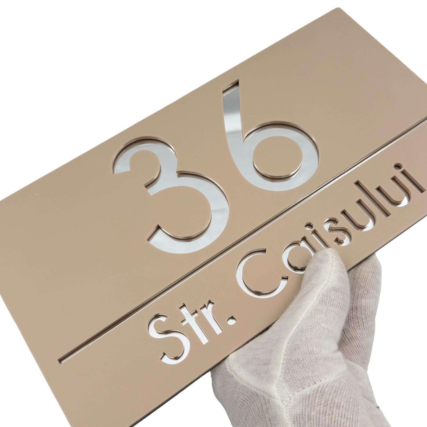 PREMIUM HOUSE NUMBER - Cream colour Satin Silver Mirror - 28×15 cm