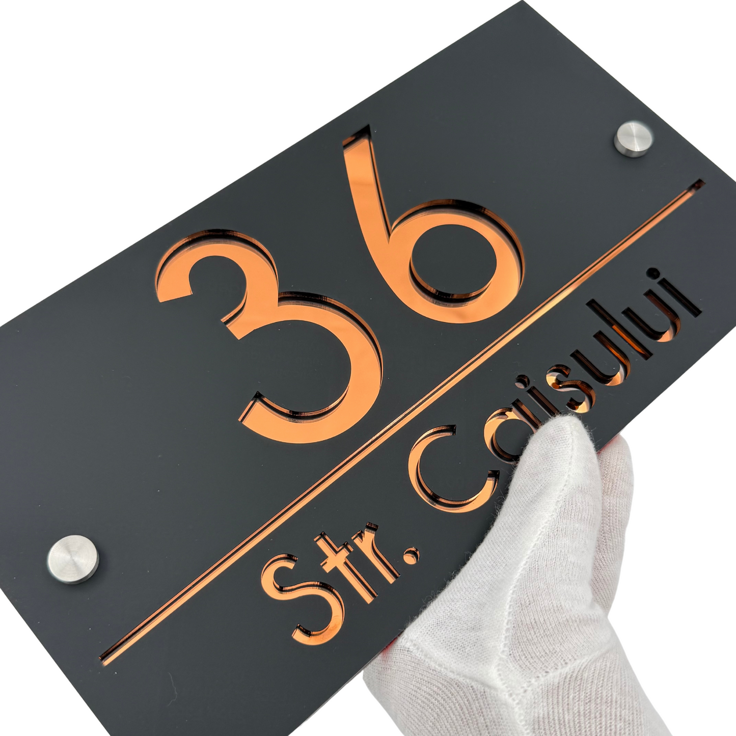 PREMIUM HOUSE NUMBER - Satin Black Copper Mirror 2 Spacers Silver - 28×15 cm