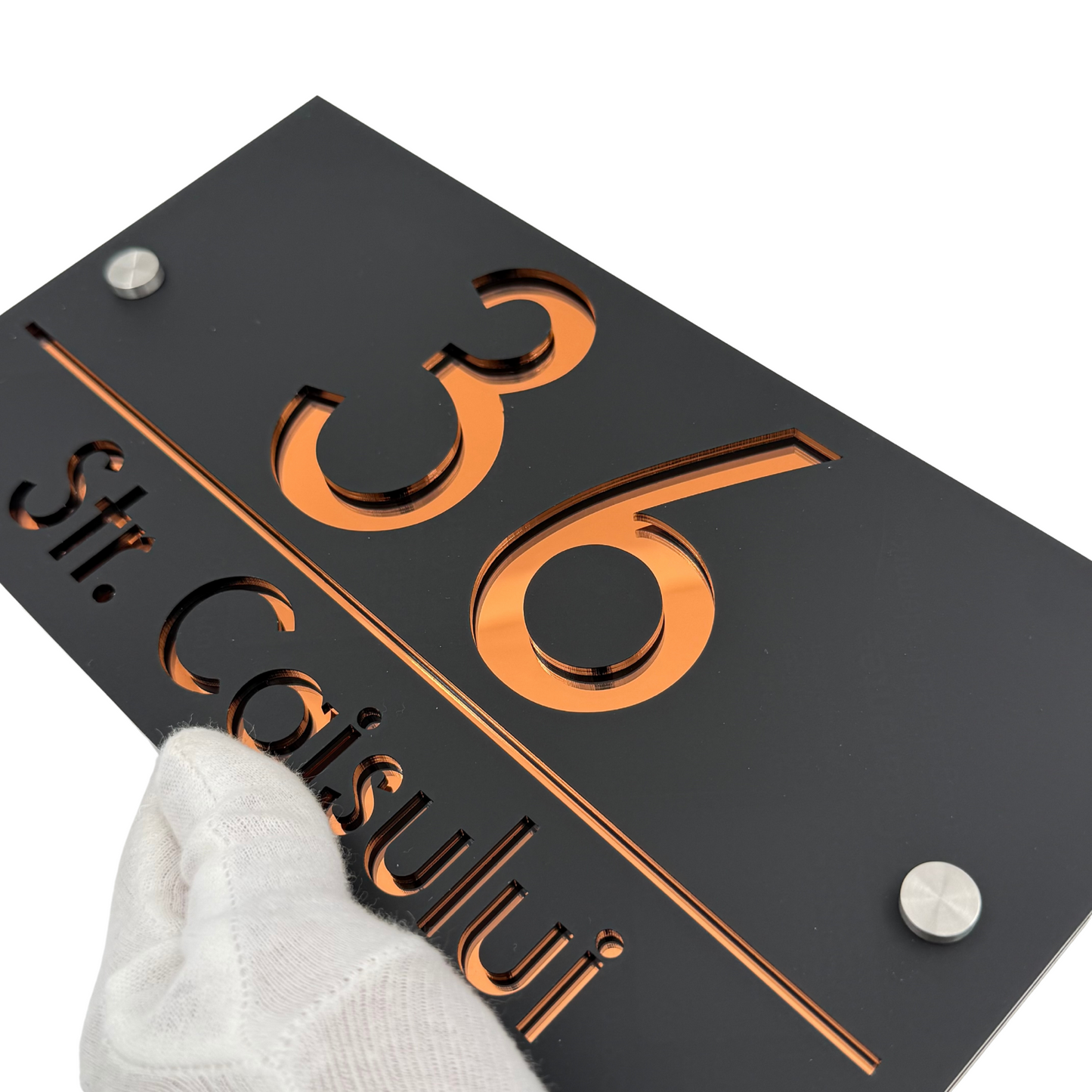 PREMIUM HOUSE NUMBER - Satin Black Copper Mirror 2 Spacers Silver - 28×15 cm