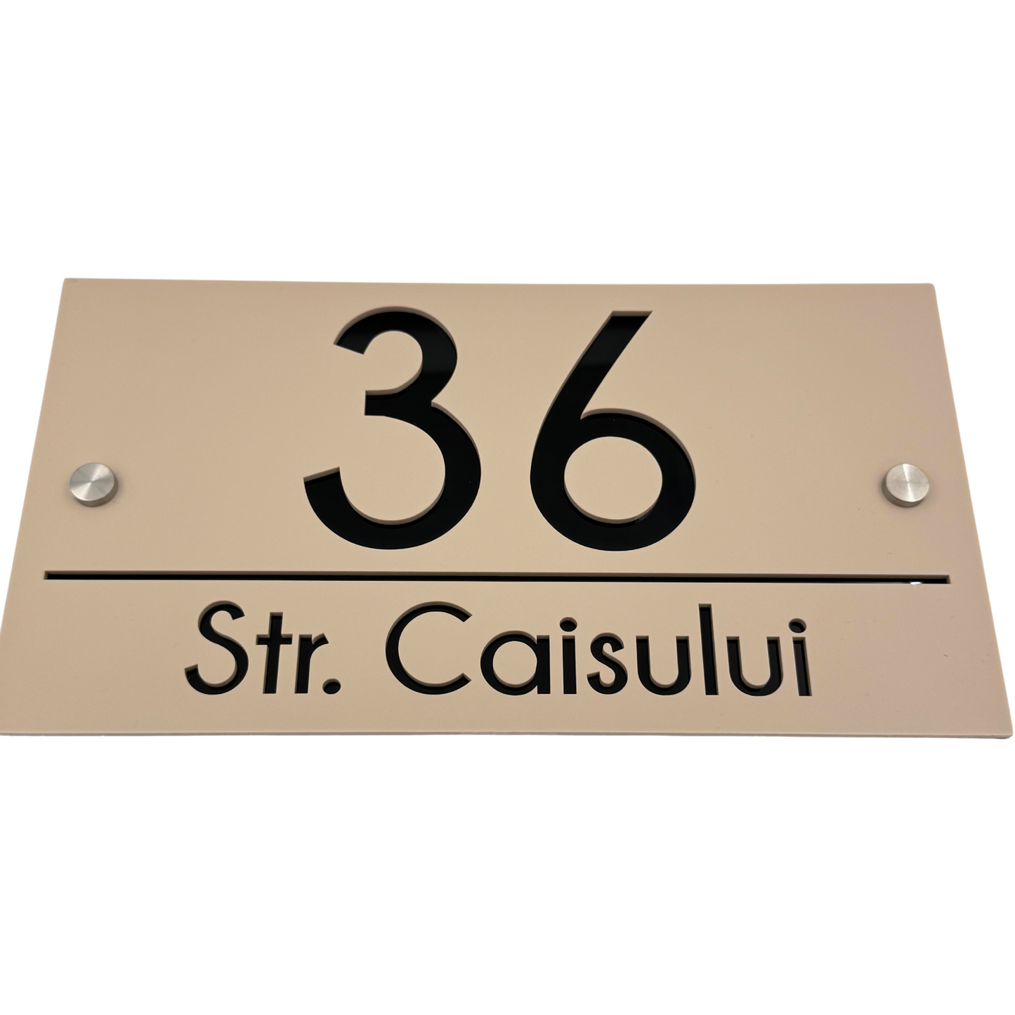PREMIUM HOUSE NUMBER - Cream colour Glossy Glossy Black 2 Spacers Silver - 28×15 cm