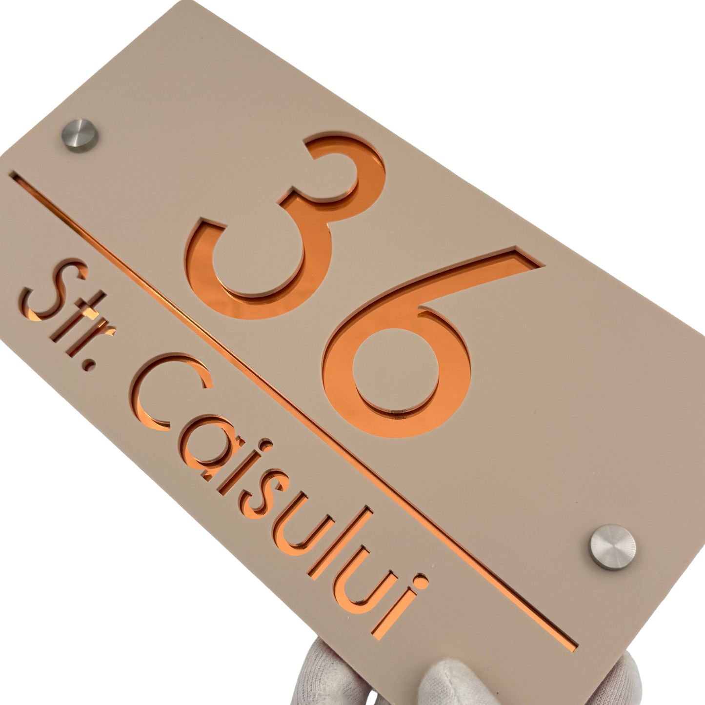 PREMIUM HOUSE NUMBER - Cream colour Glossy Copper Mirror 2 Spacers Silver - 28×15 cm