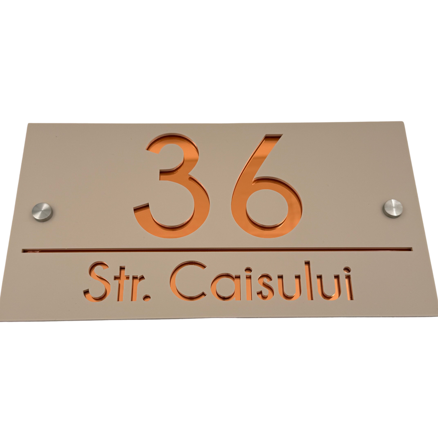 PREMIUM HOUSE NUMBER - Cream colour Glossy Copper Mirror 2 Spacers Silver - 28×15 cm