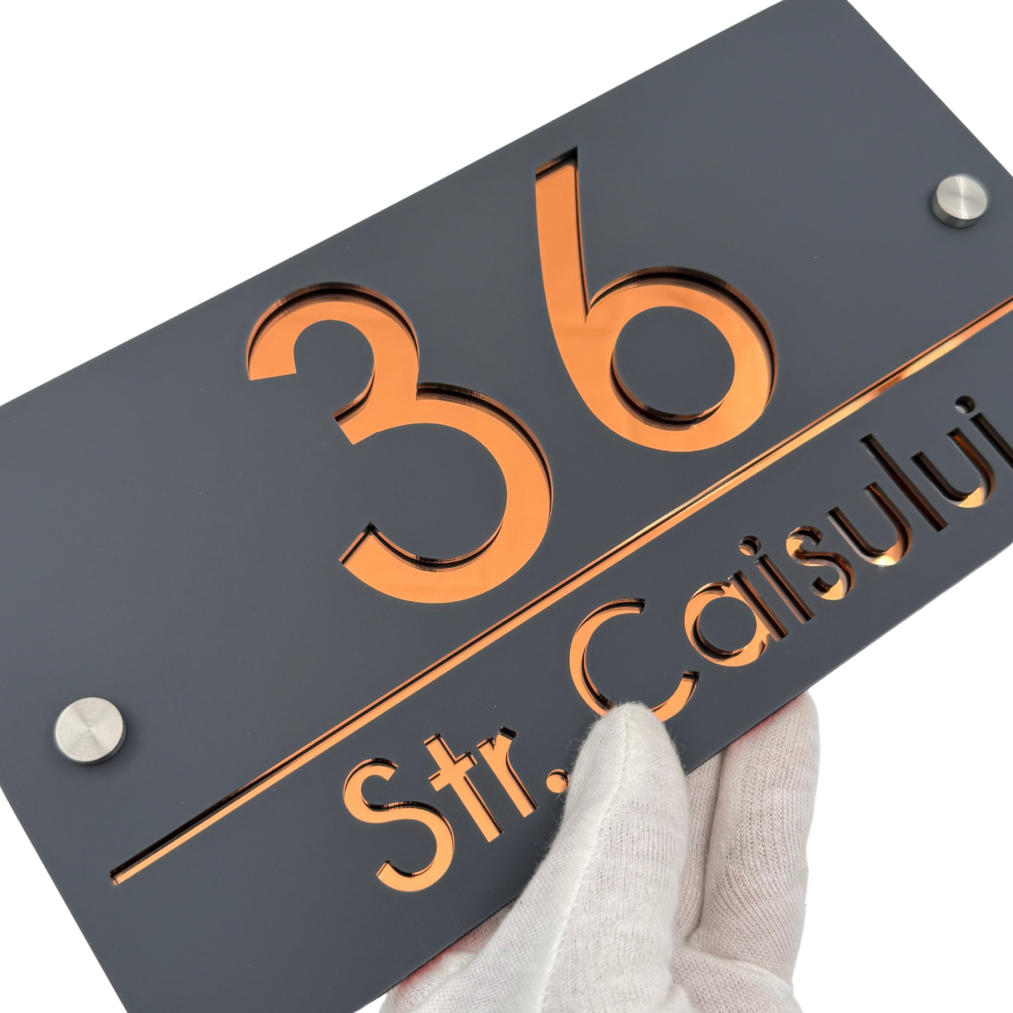 PREMIUM HOUSE NUMBER - Satin Black Copper Mirror 2 Spacers Silver - 28×15 cm