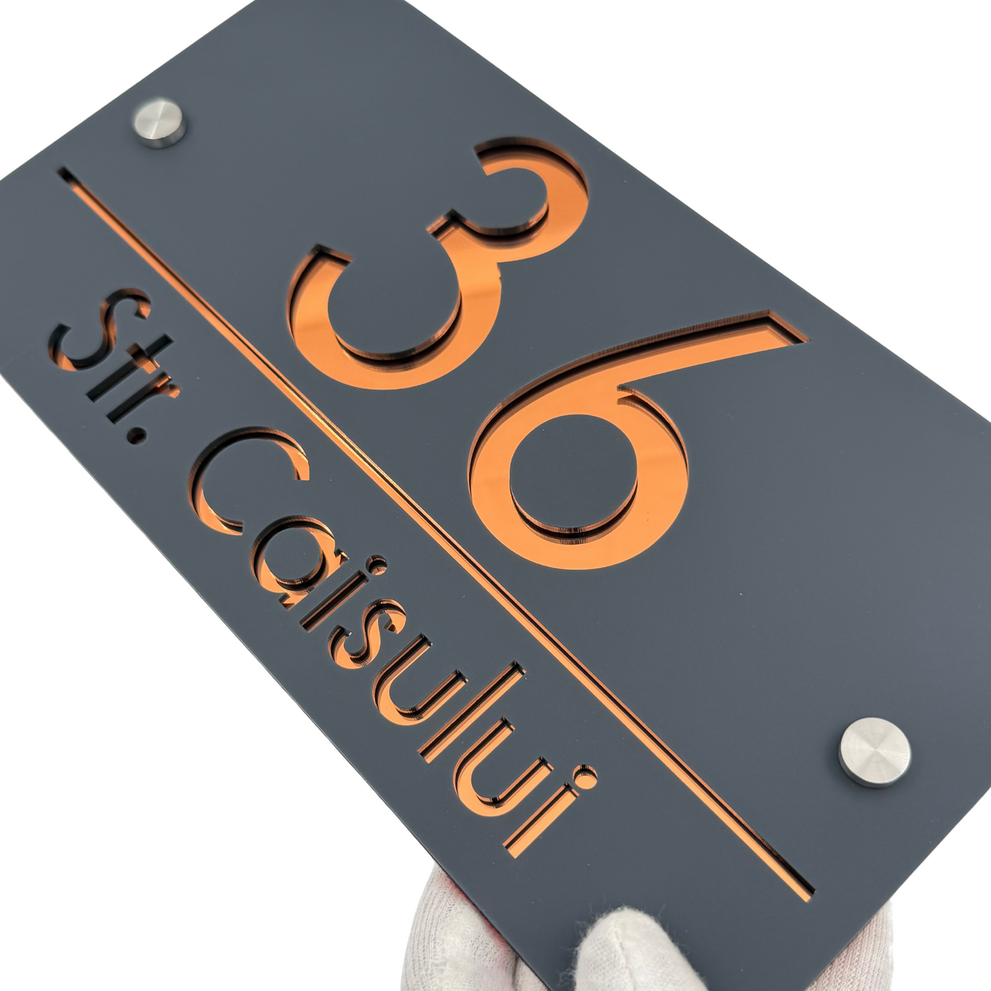 PREMIUM HOUSE NUMBER - Satin Black Copper Mirror 2 Spacers Silver - 28×15 cm