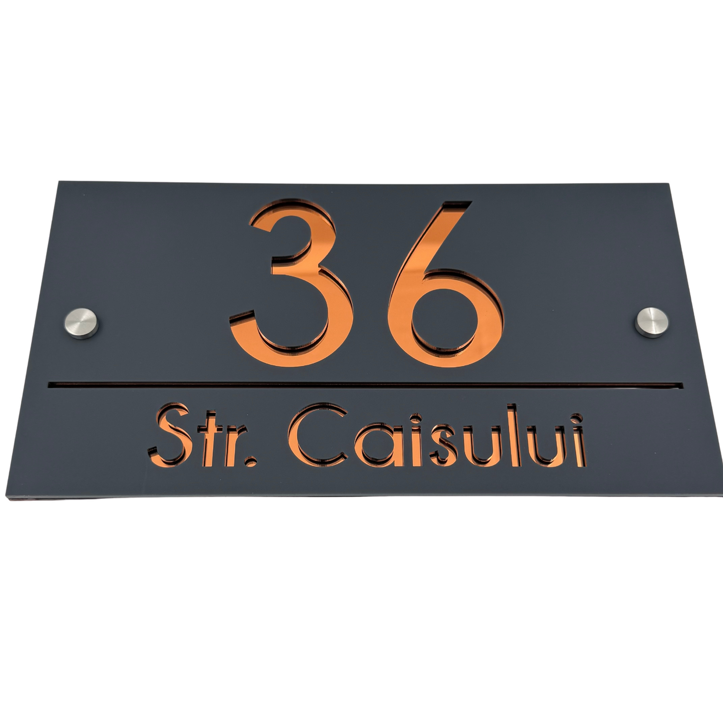 PREMIUM HOUSE NUMBER - Satin Black Copper Mirror 2 Spacers Silver - 28×15 cm