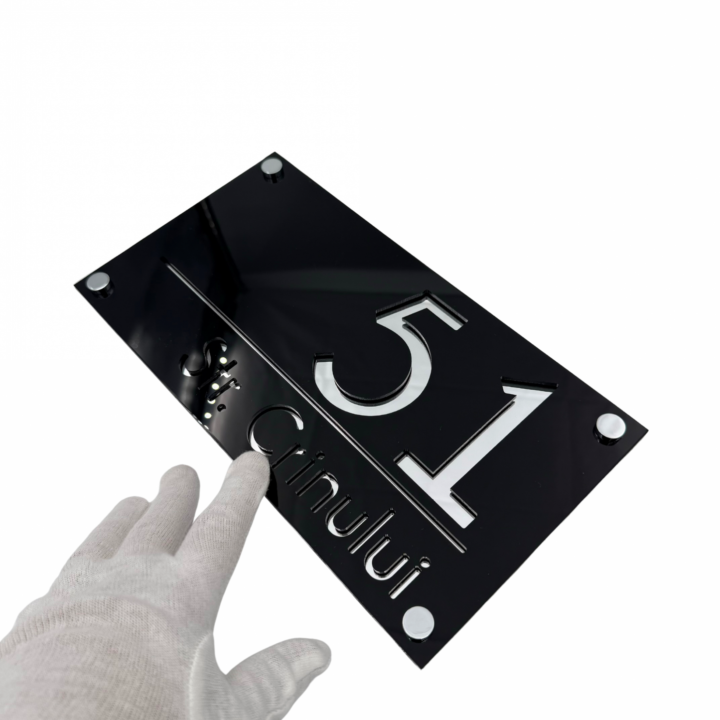 PREMIUM HOUSE NUMBER - Glossy Black Silver Mirror 4 Spacers Silver - 28×15 cm