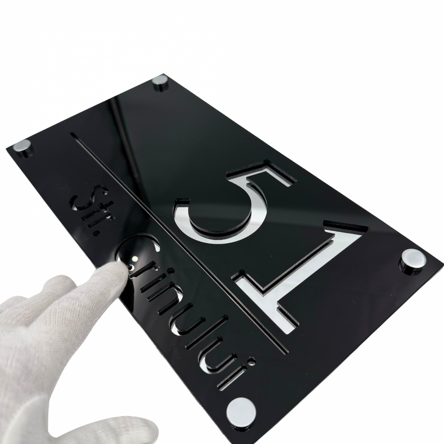 PREMIUM HOUSE NUMBER - Glossy Black Silver Mirror 4 Spacers Silver - 28×15 cm