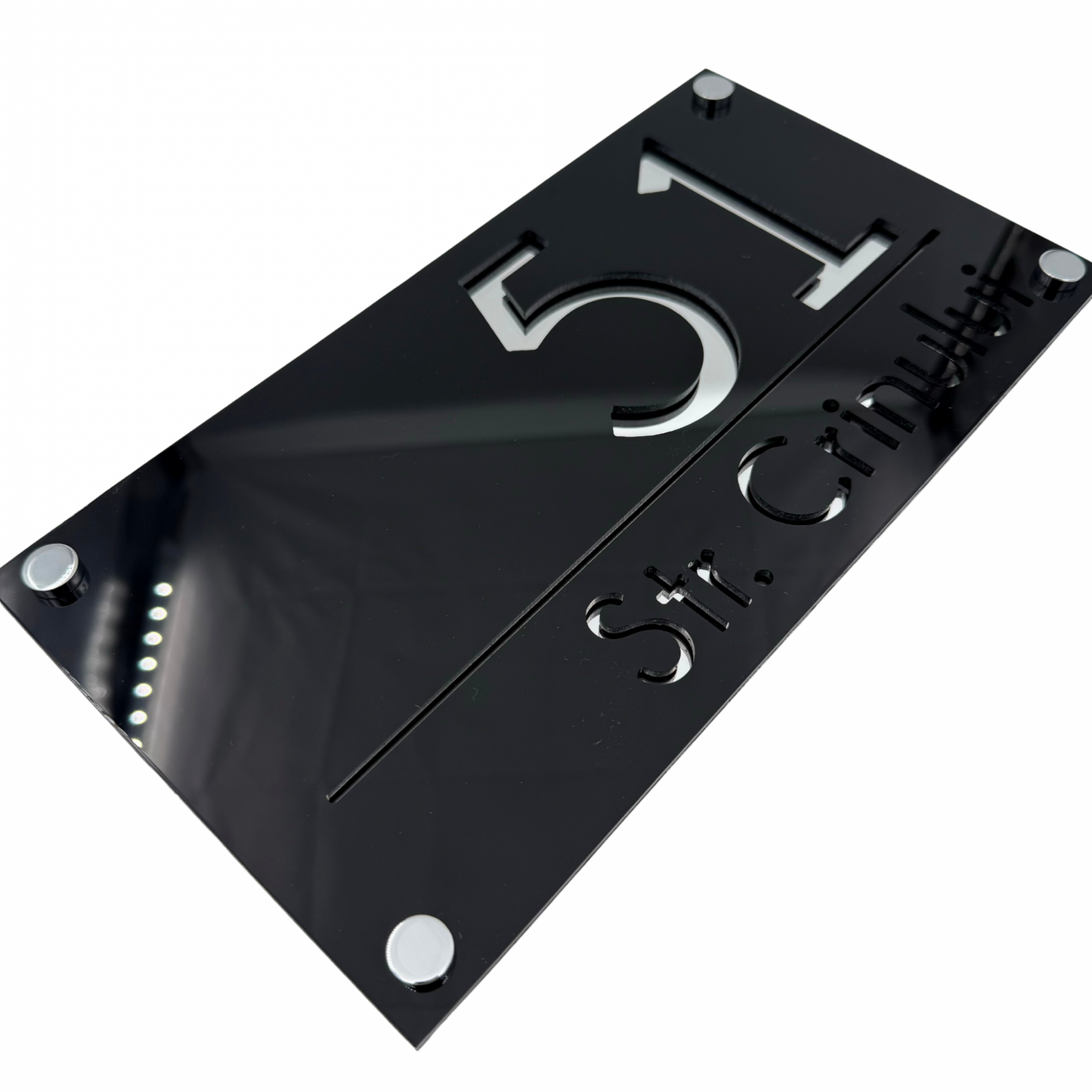 PREMIUM HOUSE NUMBER - Glossy Black Silver Mirror 4 Spacers Silver - 28×15 cm