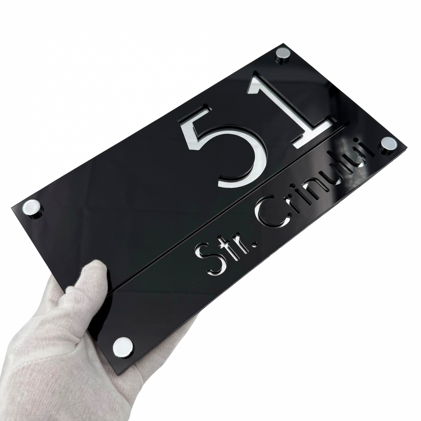 PREMIUM HOUSE NUMBER - Glossy Black Silver Mirror 4 Spacers Silver - 28×15 cm