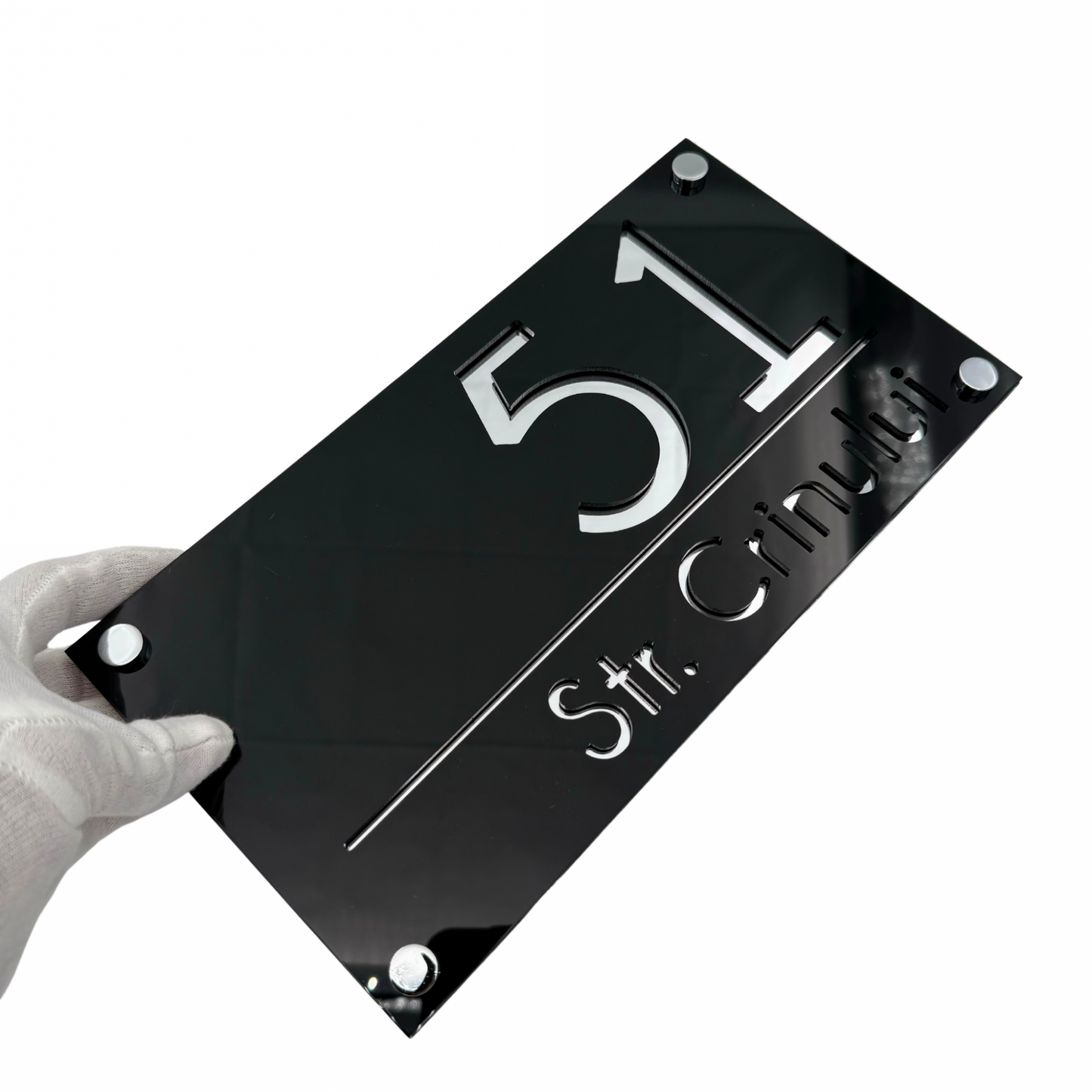 PREMIUM HOUSE NUMBER - Glossy Black Silver Mirror 4 Spacers Silver - 28×15 cm
