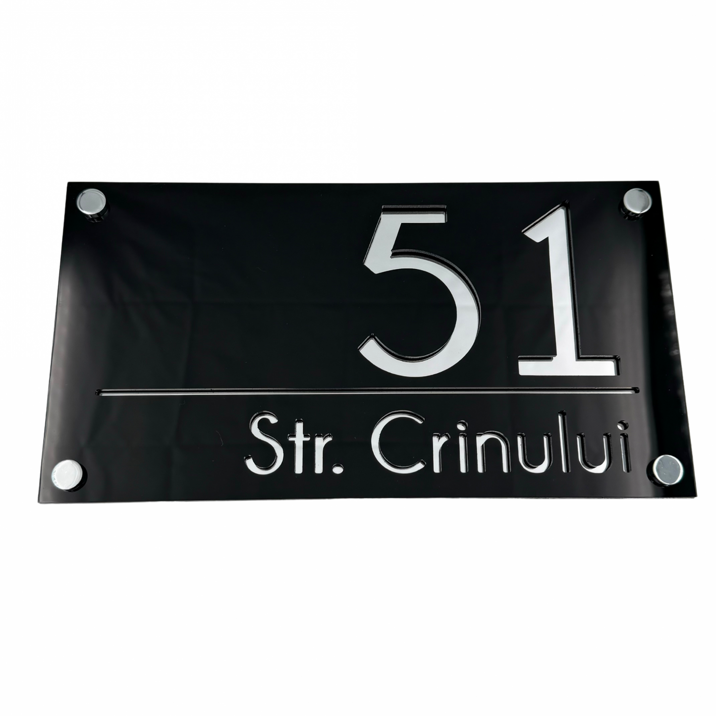 PREMIUM HOUSE NUMBER - Glossy Black Silver Mirror 4 Spacers Silver - 28×15 cm
