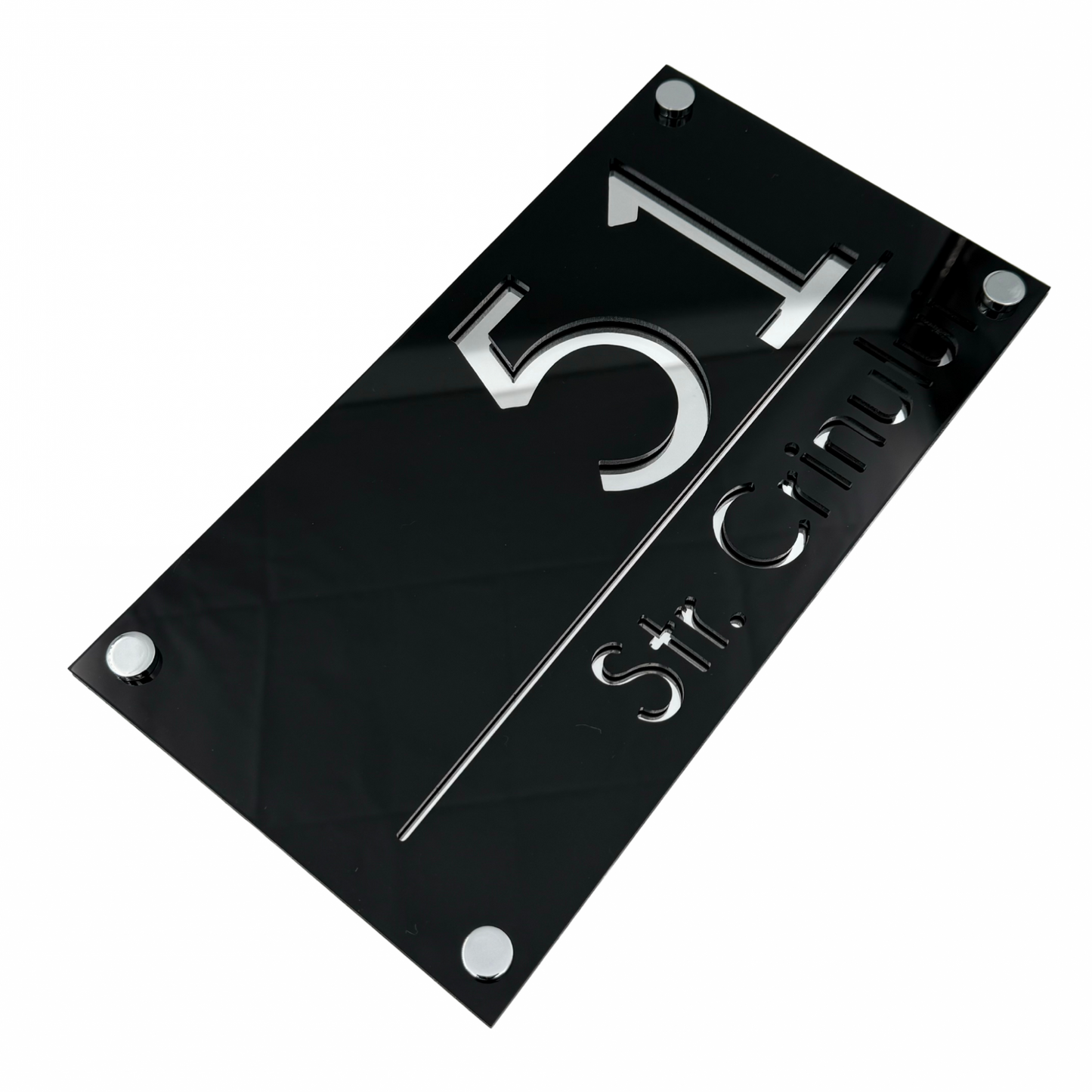 PREMIUM HOUSE NUMBER - Glossy Black Silver Mirror 4 Spacers Silver - 28×15 cm