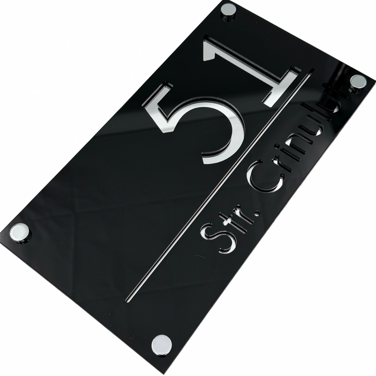 PREMIUM HOUSE NUMBER - Glossy Black Silver Mirror 4 Spacers Silver - 28×15 cm
