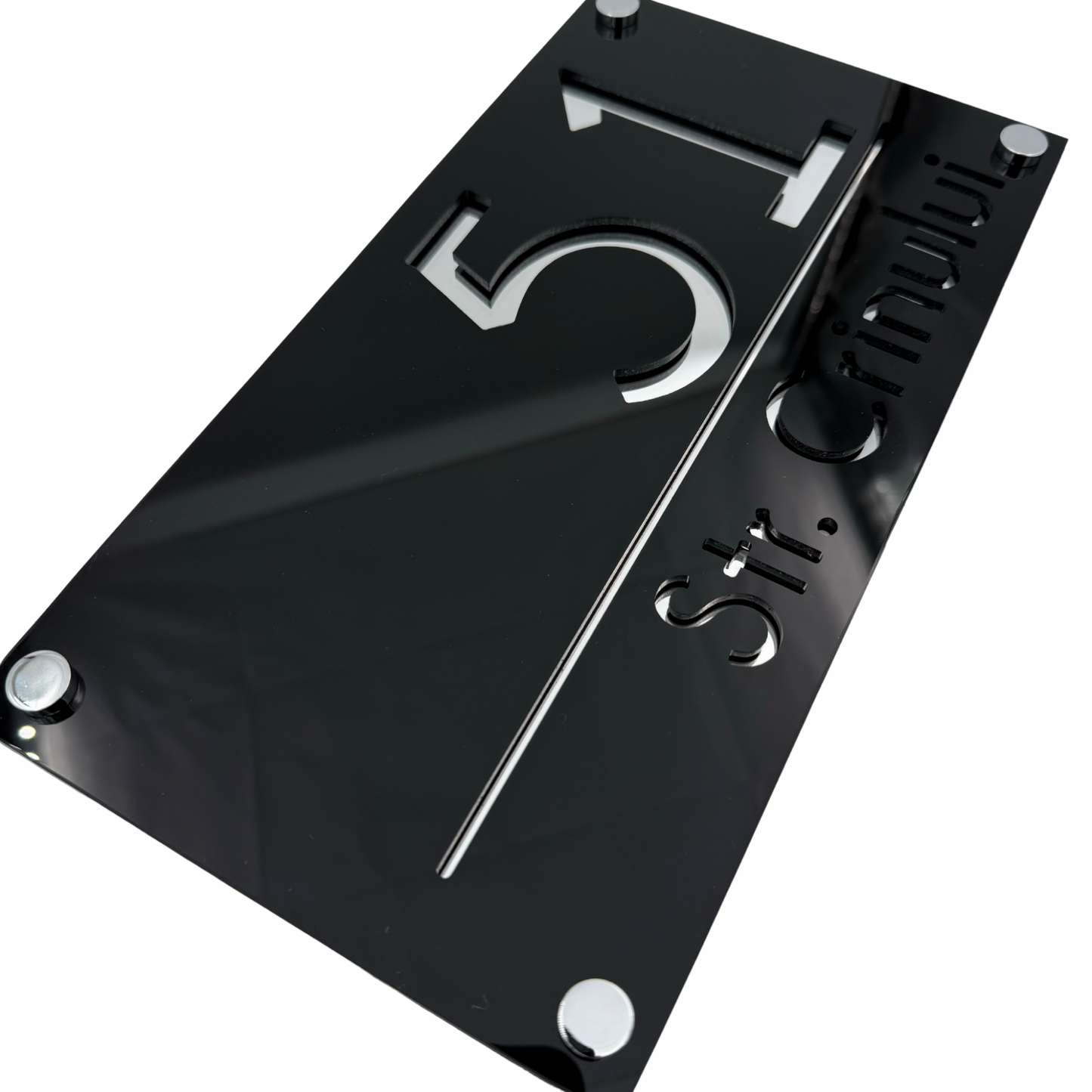 PREMIUM HOUSE NUMBER - Glossy Black Silver Mirror 4 Spacers Silver - 28×15 cm