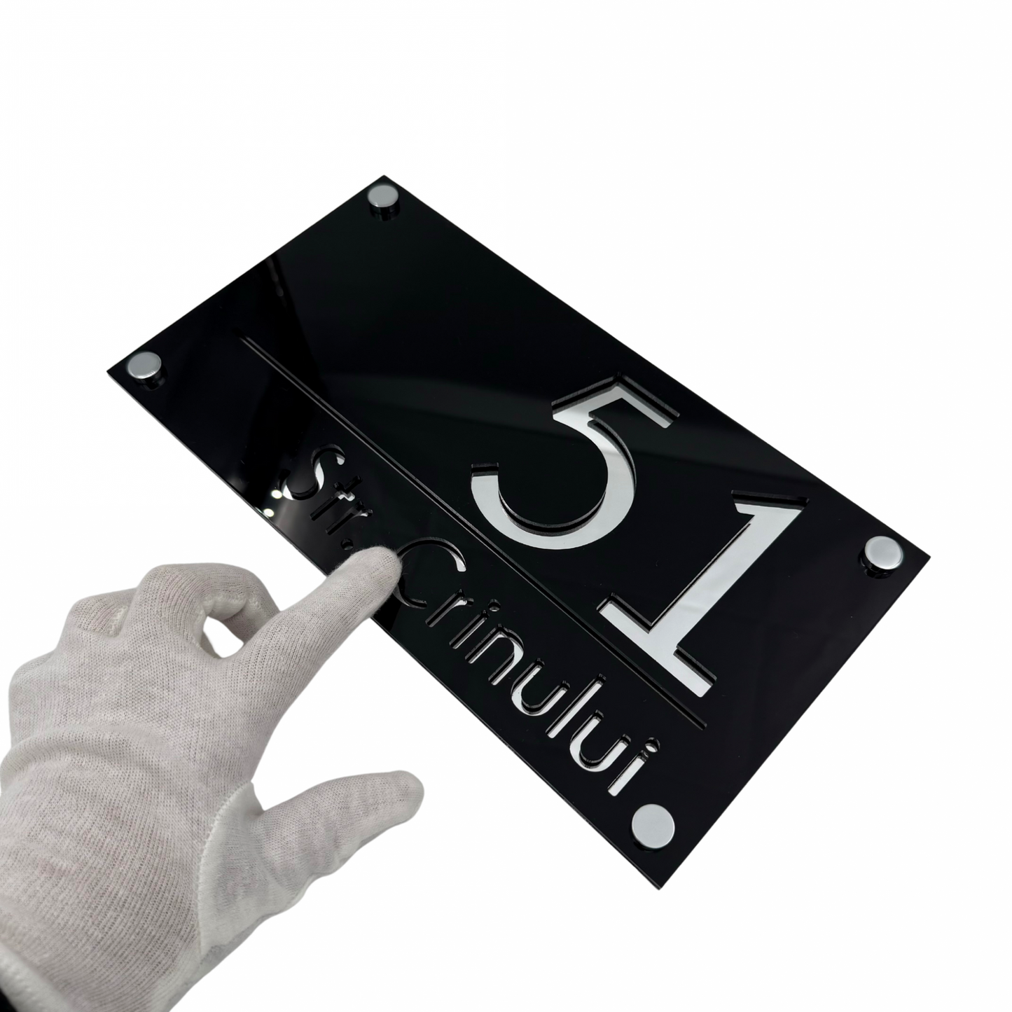 PREMIUM HOUSE NUMBER - Glossy Black Silver Mirror 4 Spacers Silver - 28×15 cm