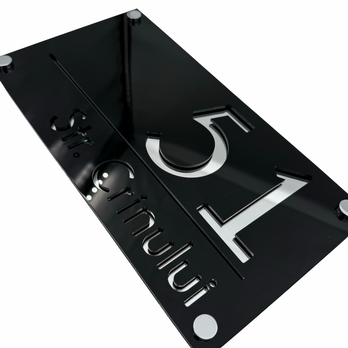 PREMIUM HOUSE NUMBER - Glossy Black Silver Mirror 4 Spacers Silver - 28×15 cm