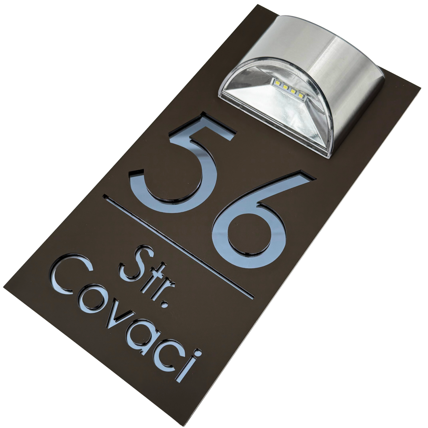 PREMIUM HOUSE NUMBER – Satin Brown Anthracite Grey Mirror Solar Lamp – 30 x15 cm