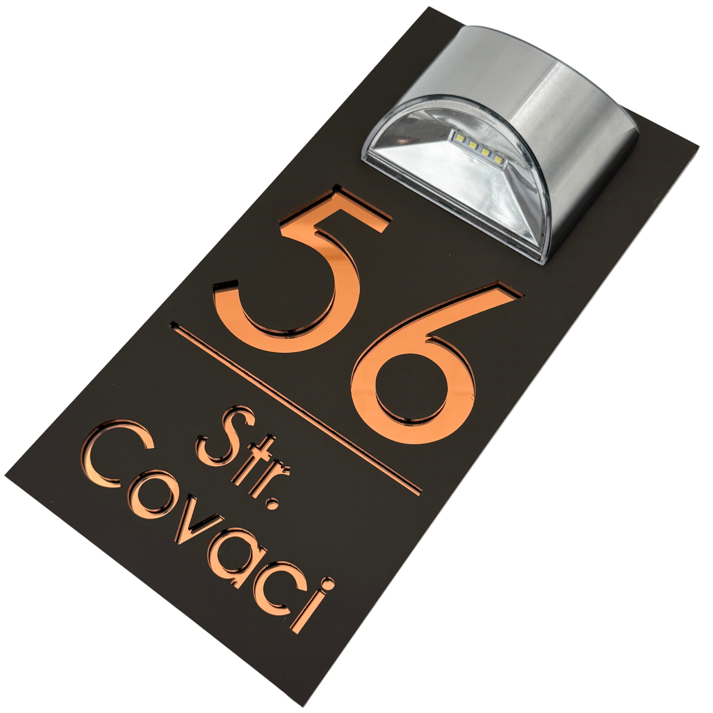 PREMIUM HOUSE NUMBER – Satin Brown Copper Mirror Solar Lamp – 30 x15 cm