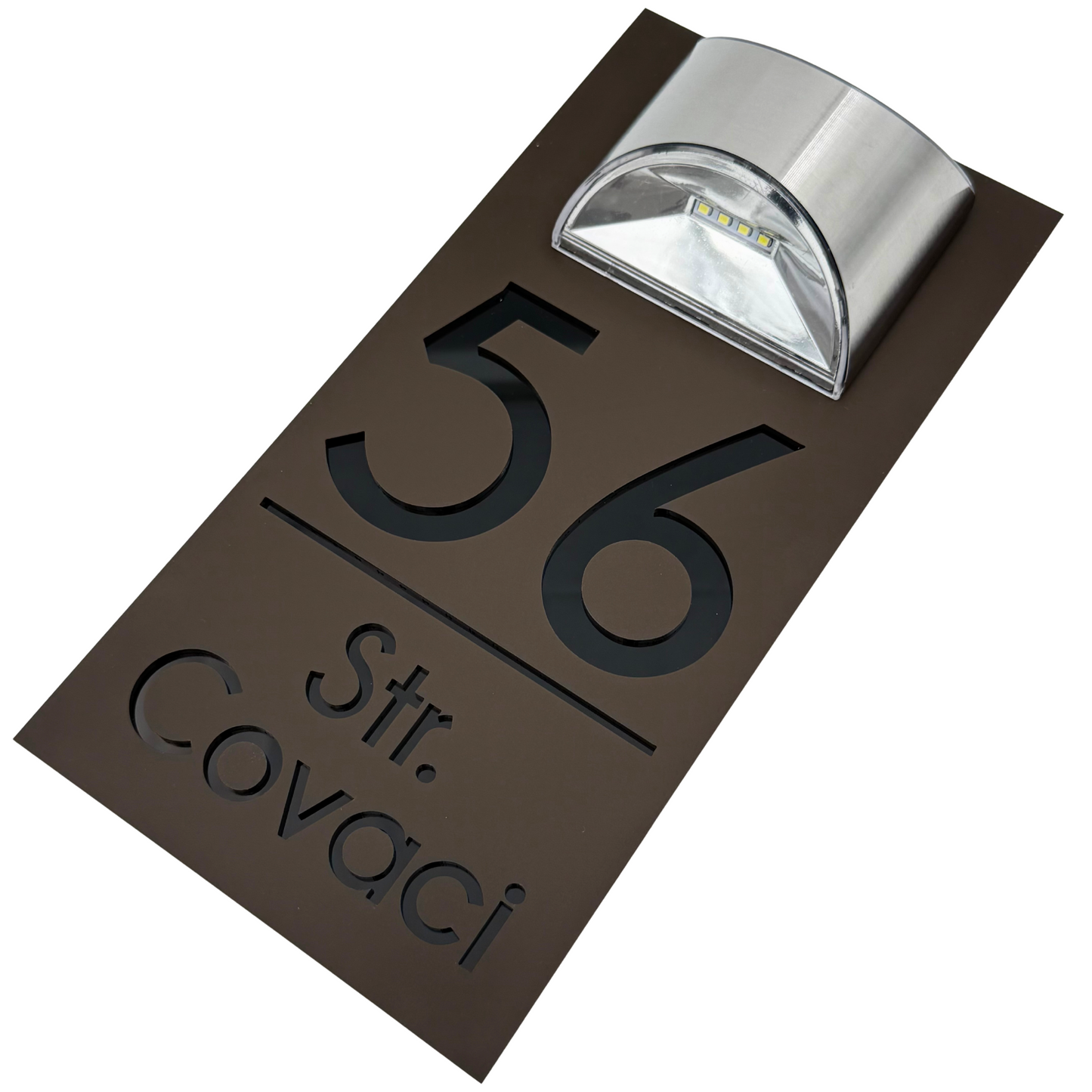 PREMIUM HOUSE NUMBER – Satin Brown Glossy Black Mirror Solar Lamp – 30 x15 cm