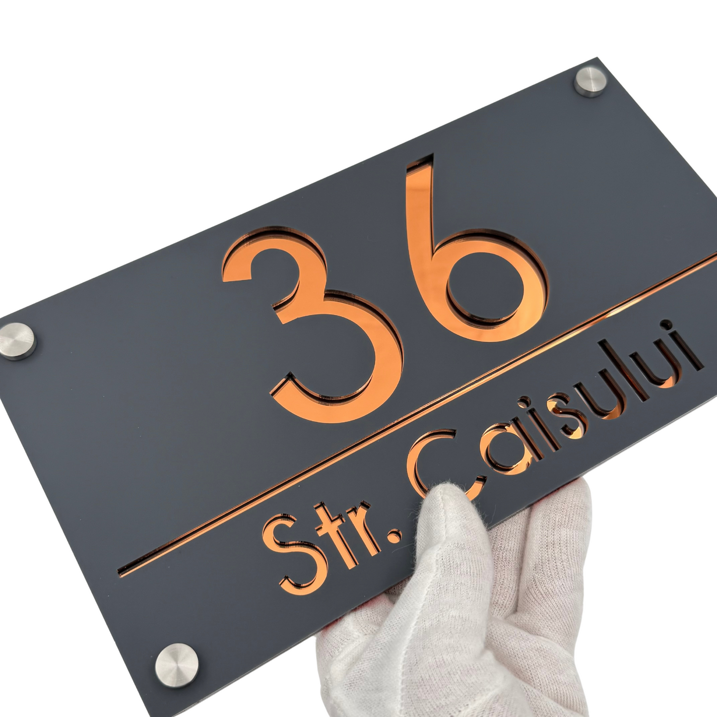 PREMIUM HOUSE NUMBER - Satin Grey Copper Mirror 4 Spacers Silver - 28×15 cm