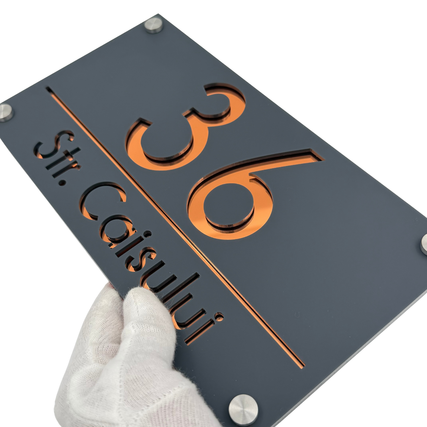 PREMIUM HOUSE NUMBER - Satin Grey Copper Mirror 4 Spacers Silver - 28×15 cm
