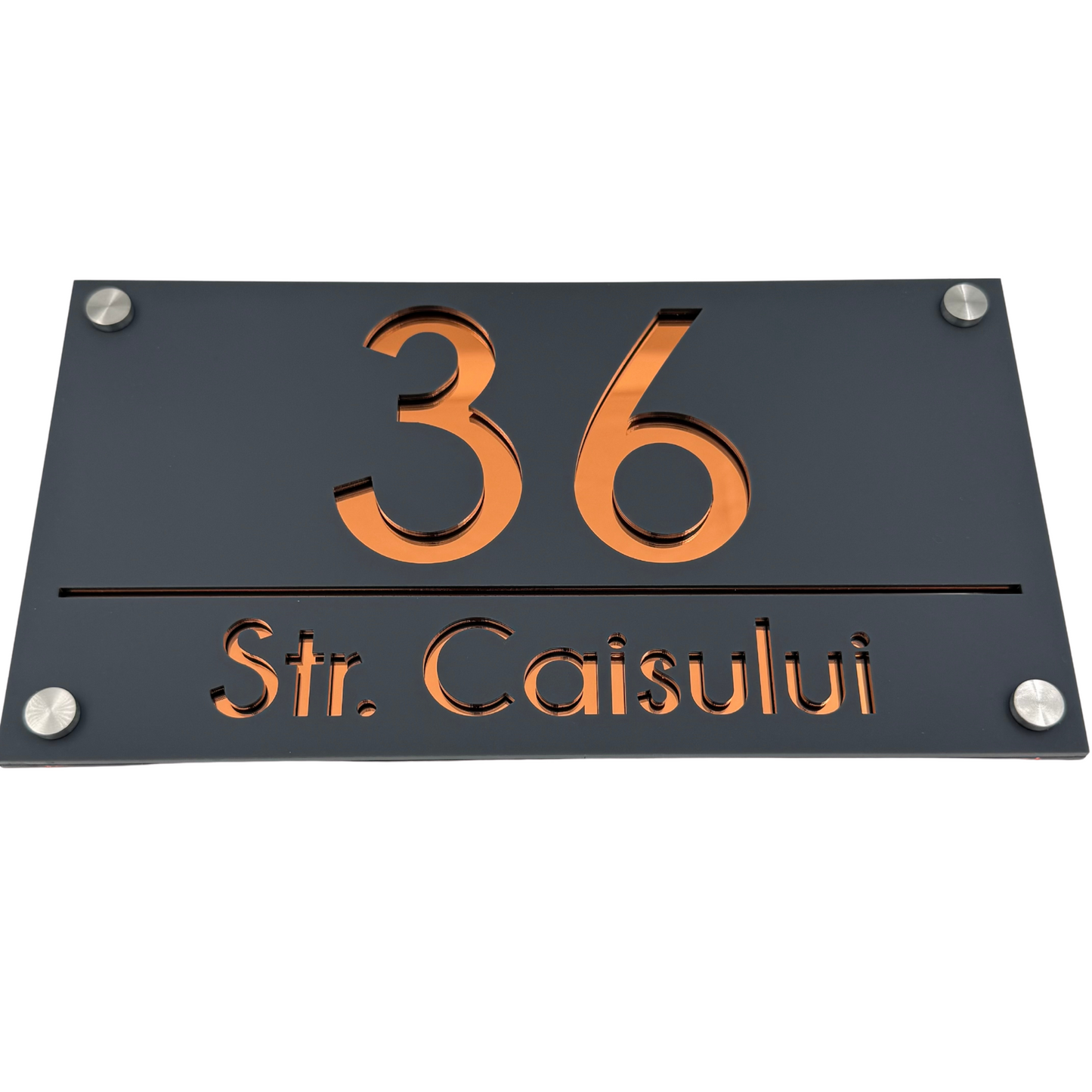 PREMIUM HOUSE NUMBER - Satin Grey Copper Mirror 4 Spacers Silver - 28×15 cm