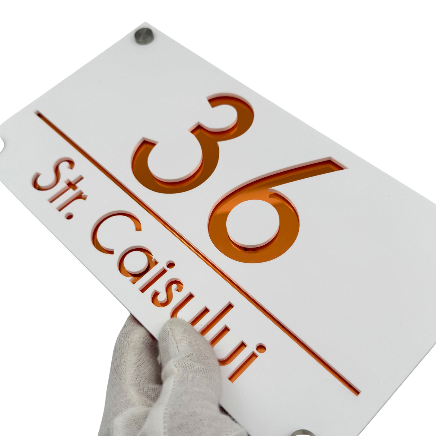 PREMIUM HOUSE NUMBER - White Satin Copper Mirror 4 Spacers Silver - 28×15 cm