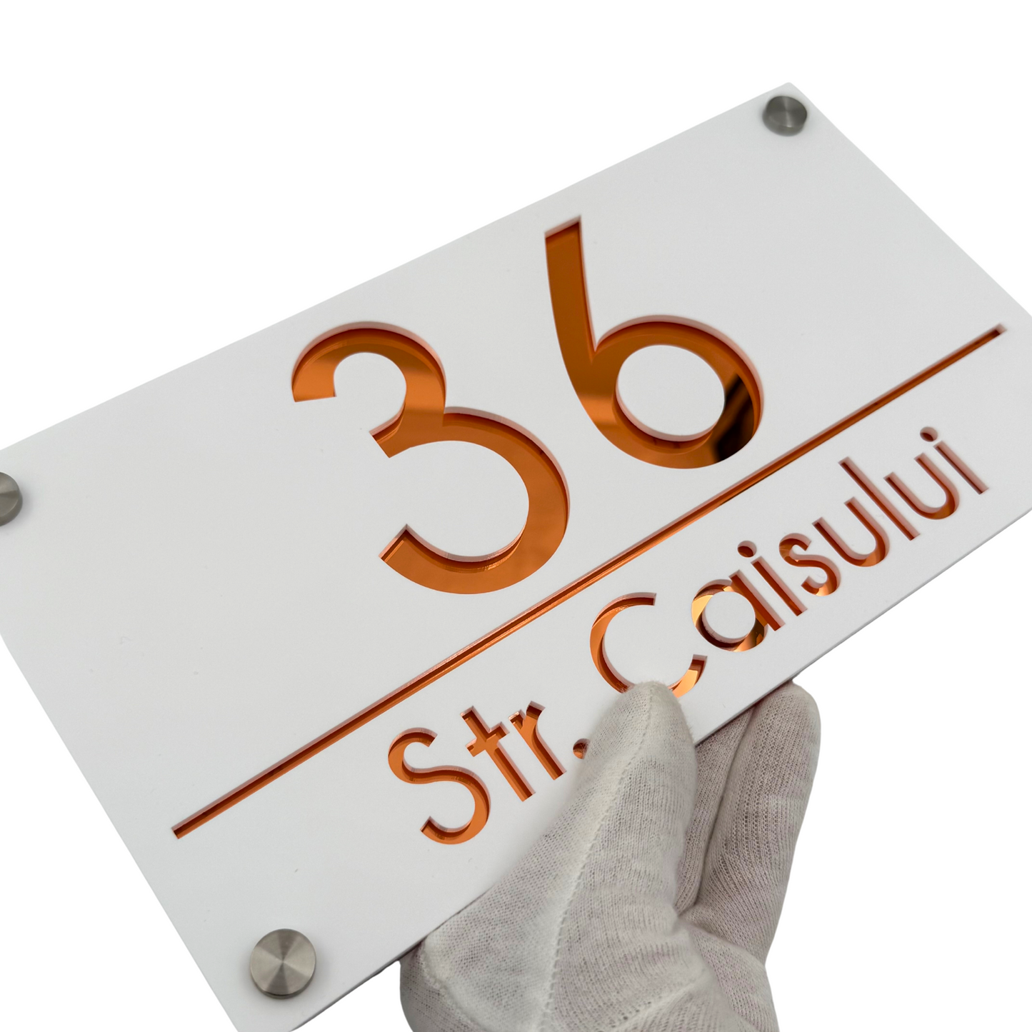 PREMIUM HOUSE NUMBER - White Satin Copper Mirror 4 Spacers Silver - 28×15 cm