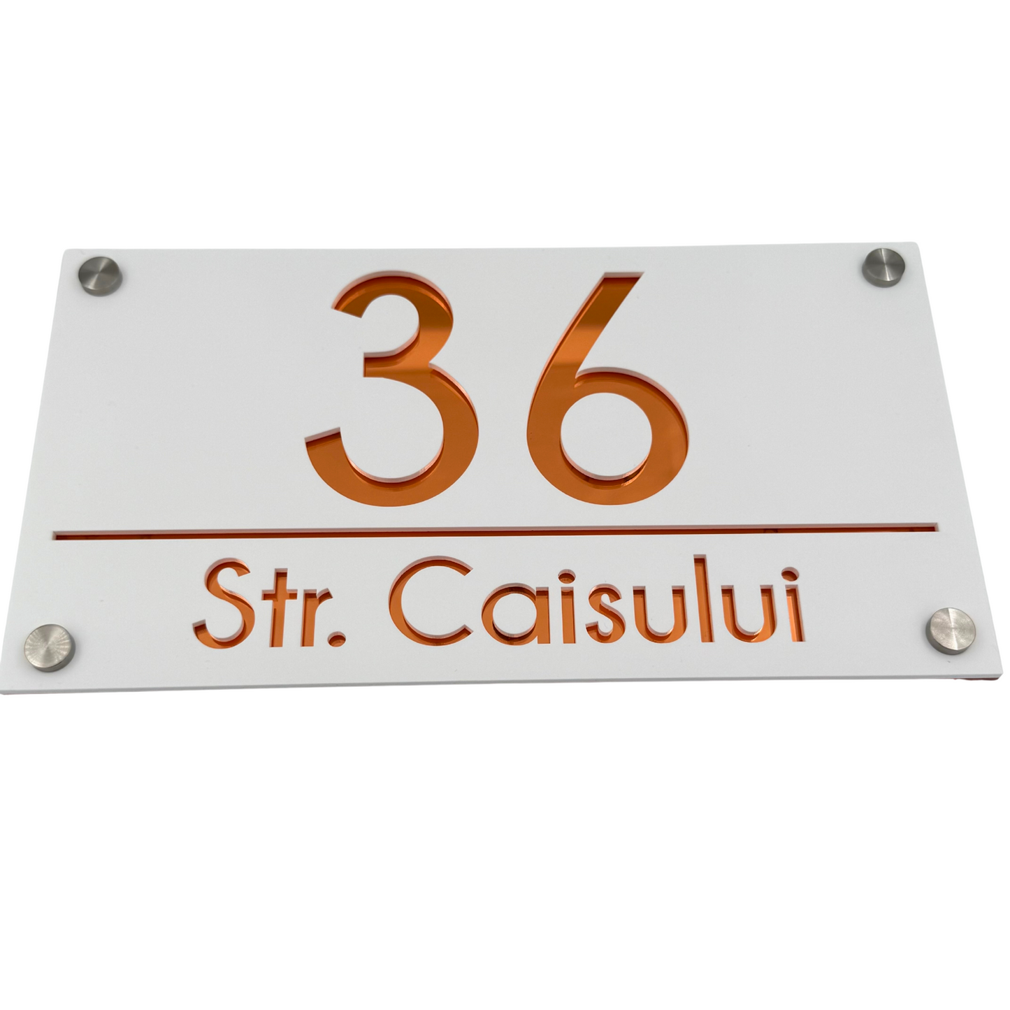 PREMIUM HOUSE NUMBER - White Satin Copper Mirror 4 Spacers Silver - 28×15 cm