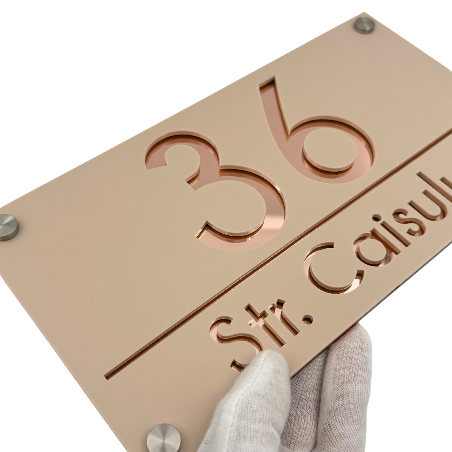 PREMIUM HOUSE NUMBER - Cream colour Satin Rose Gold Mirror 4 Spacers Silver - 28×15 cm
