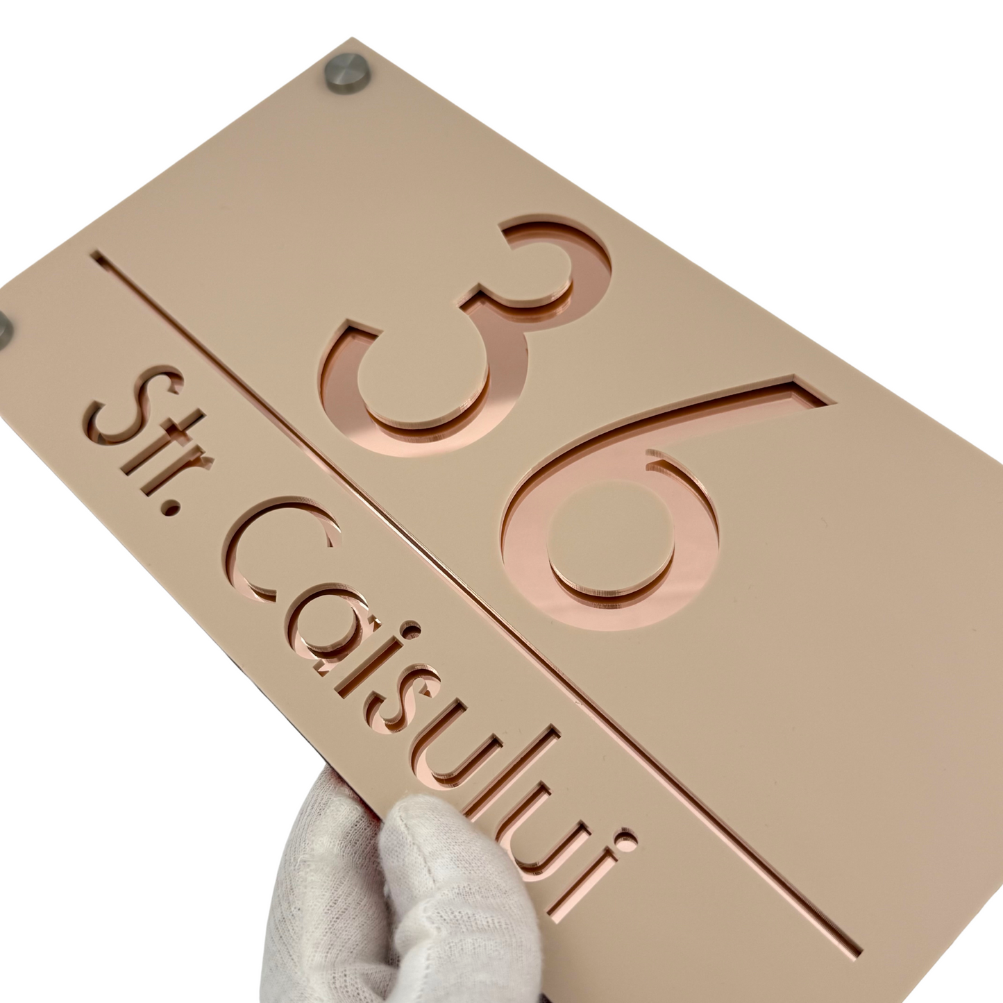 PREMIUM HOUSE NUMBER - Cream colour Satin Rose Gold Mirror 4 Spacers Silver - 28×15 cm
