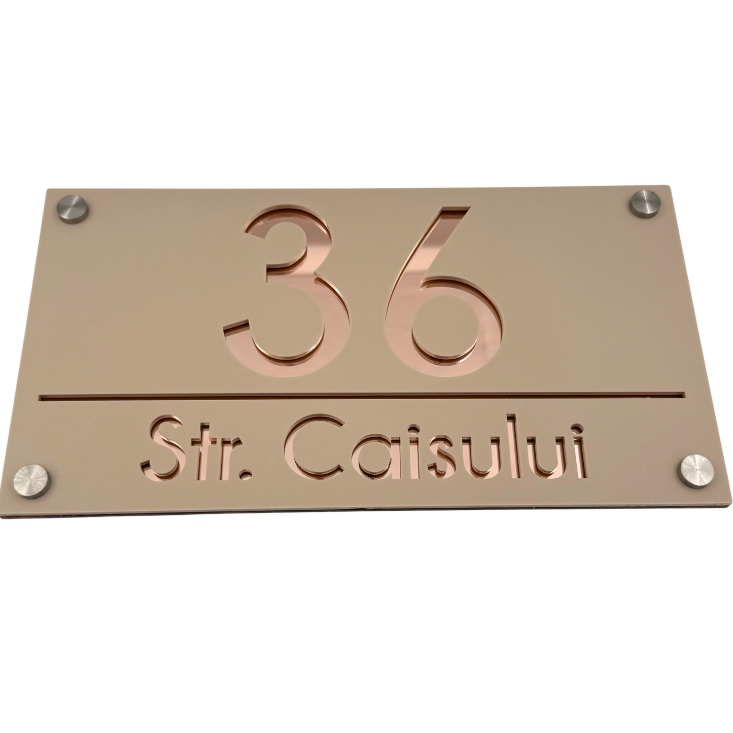 PREMIUM HOUSE NUMBER - Cream colour Satin Rose Gold Mirror 4 Spacers Silver - 28×15 cm