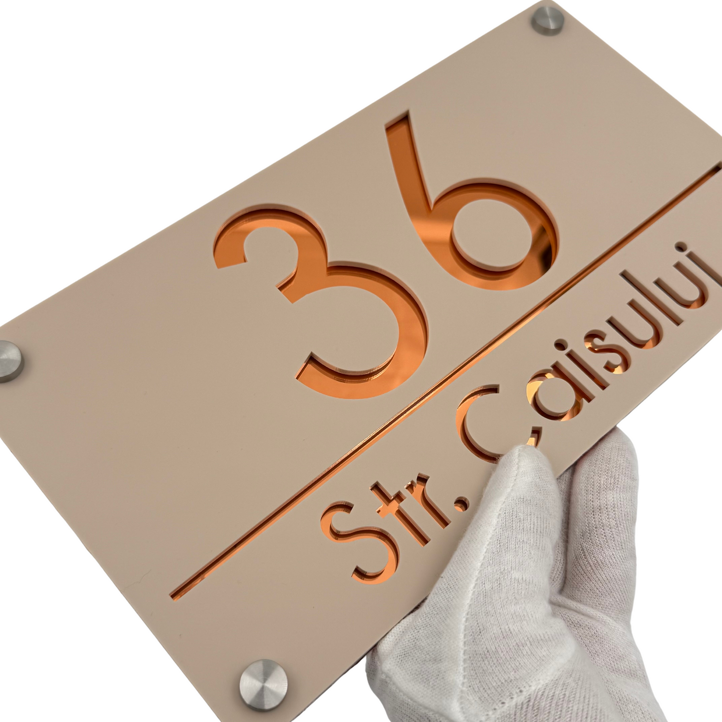 PREMIUM HOUSE NUMBER - Cream colour Satin Copper Mirror 4 Spacers Silver - 28×15 cm
