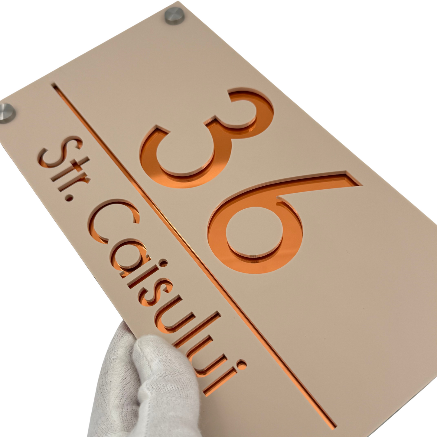 PREMIUM HOUSE NUMBER - Cream colour Satin Copper Mirror 4 Spacers Silver - 28×15 cm