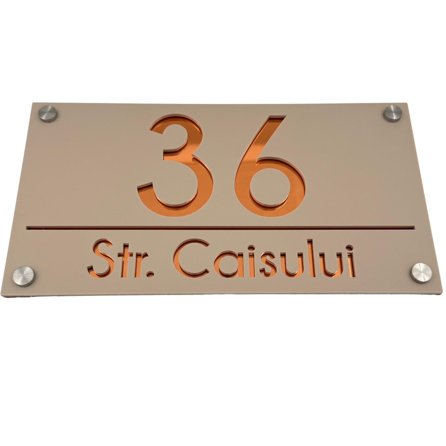 PREMIUM HOUSE NUMBER - Cream colour Satin Copper Mirror 4 Spacers Silver - 28×15 cm