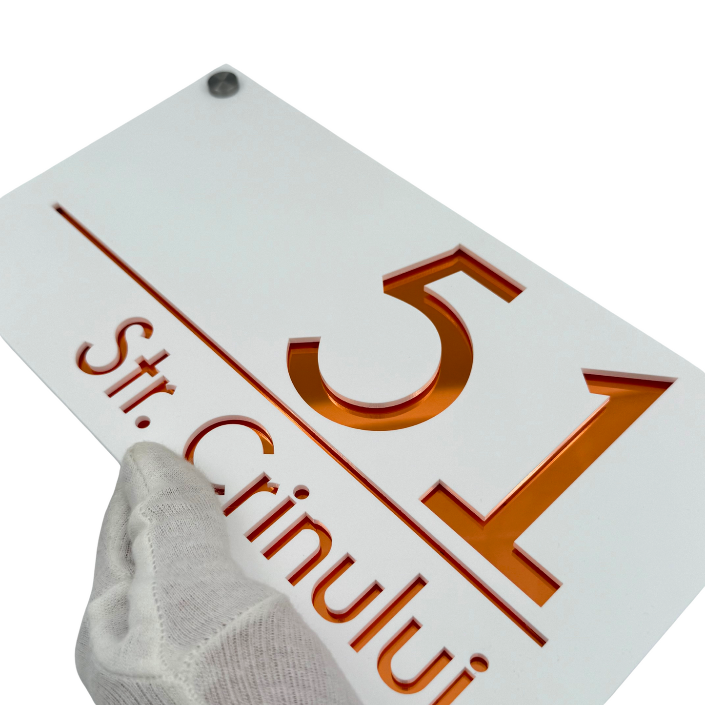PREMIUM HOUSE NUMBER - White Satin Copper Mirror 4 Spacers Silver - 28×15 cm