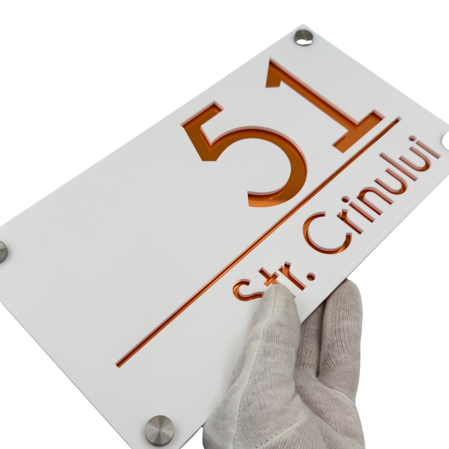 PREMIUM HOUSE NUMBER - White Satin Copper Mirror 4 Spacers Silver - 28×15 cm
