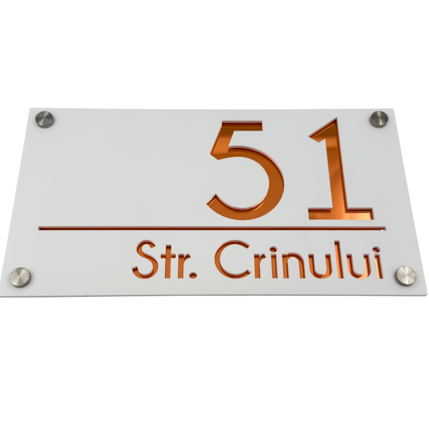 PREMIUM HOUSE NUMBER - White Satin Copper Mirror 4 Spacers Silver - 28×15 cm