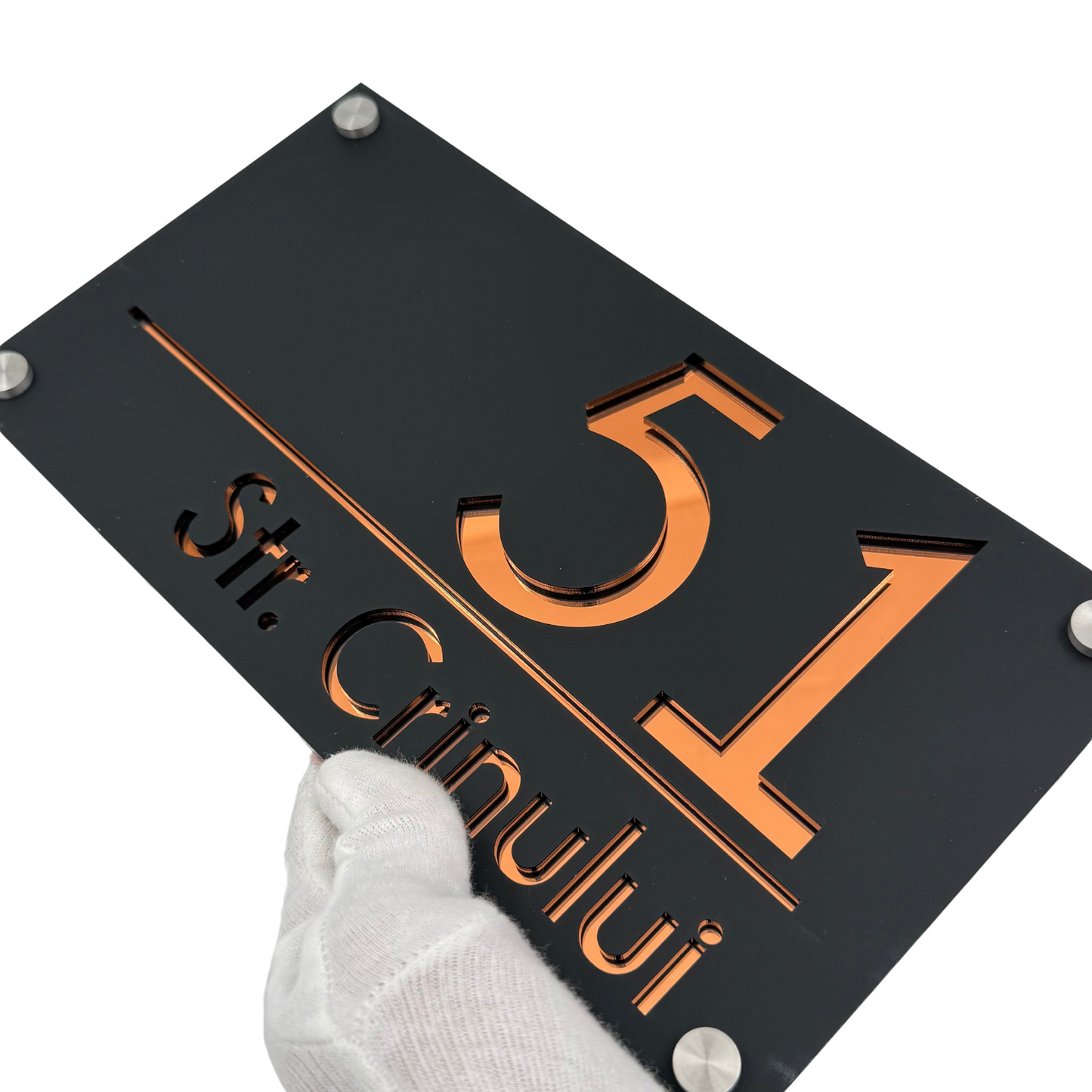 PREMIUM HOUSE NUMBER - Satin Black Copper Mirror 4 Spacers Silver - 28×15 cm