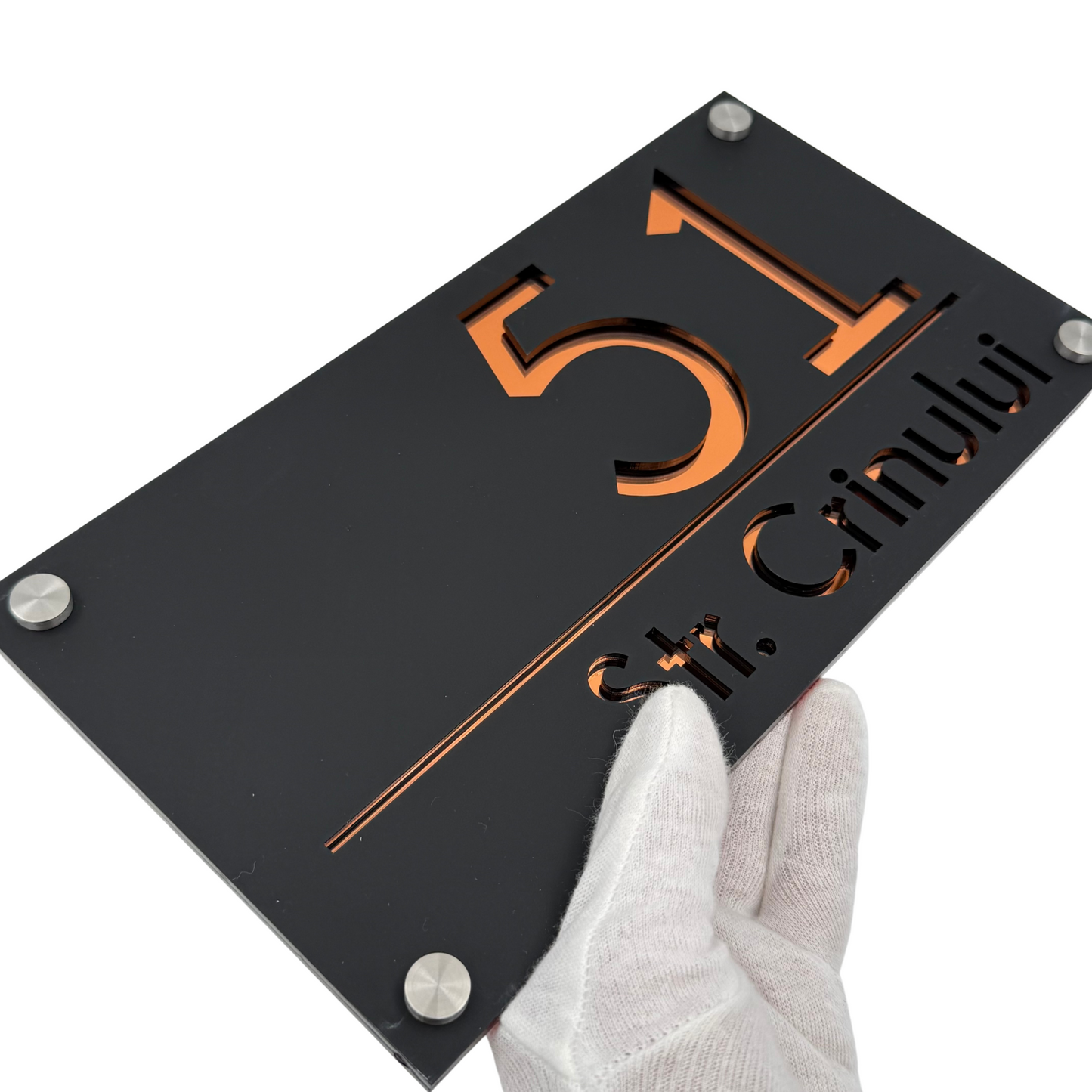 PREMIUM HOUSE NUMBER - Satin Black Copper Mirror 4 Spacers Silver - 28×15 cm