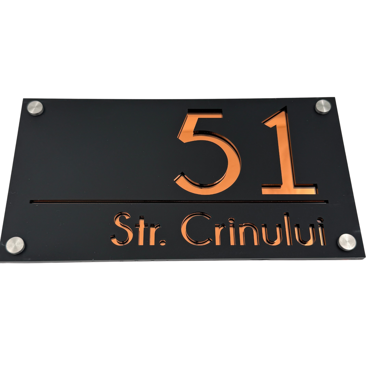 PREMIUM HOUSE NUMBER - Satin Black Copper Mirror 4 Spacers Silver - 28×15 cm