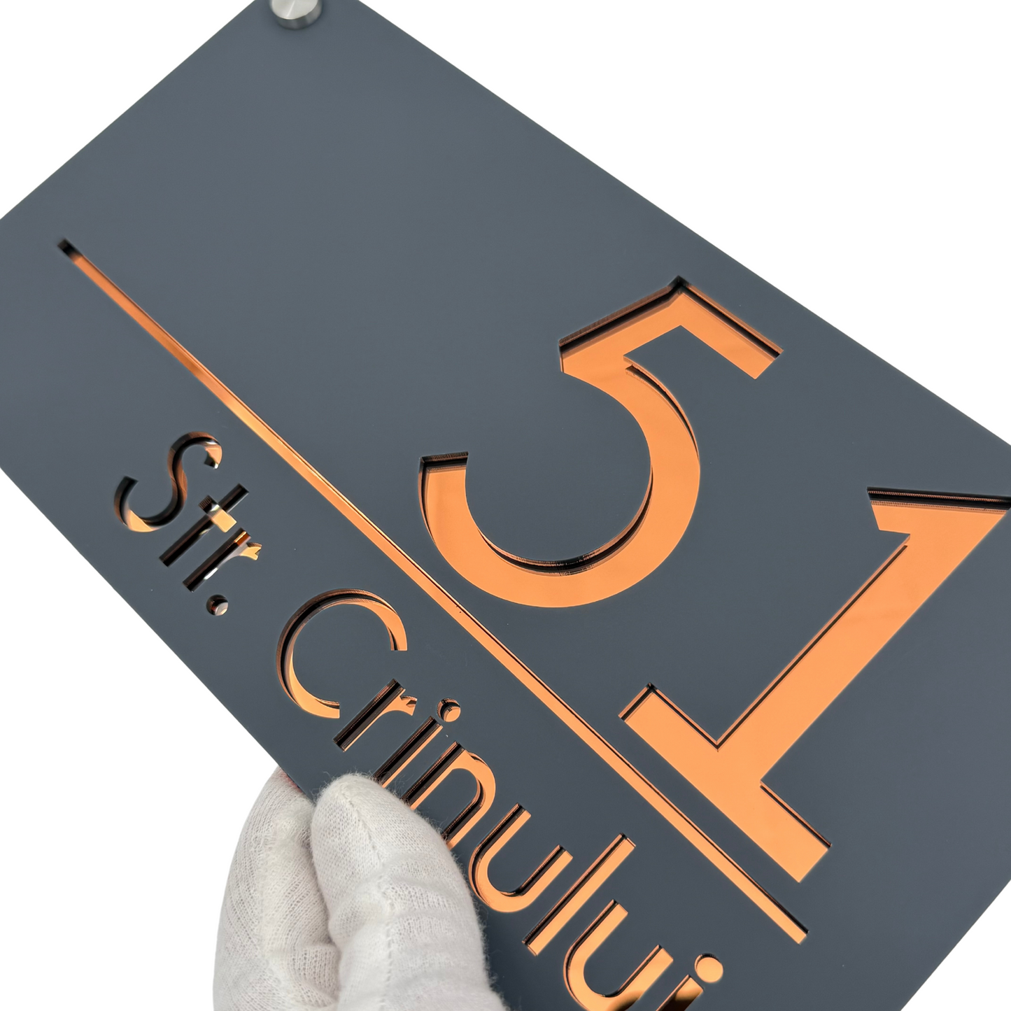 PREMIUM HOUSE NUMBER - Satin Grey Copper Mirror 4 Spacers Silver - 28×15 cm
