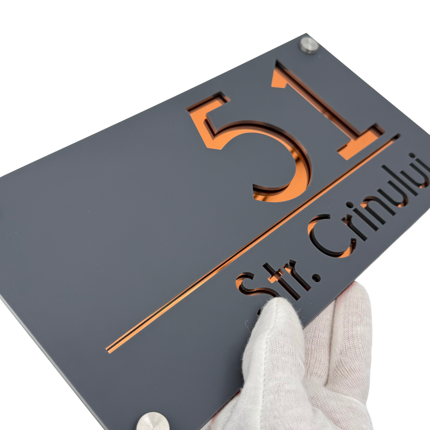 PREMIUM HOUSE NUMBER - Satin Grey Copper Mirror 4 Spacers Silver - 28×15 cm